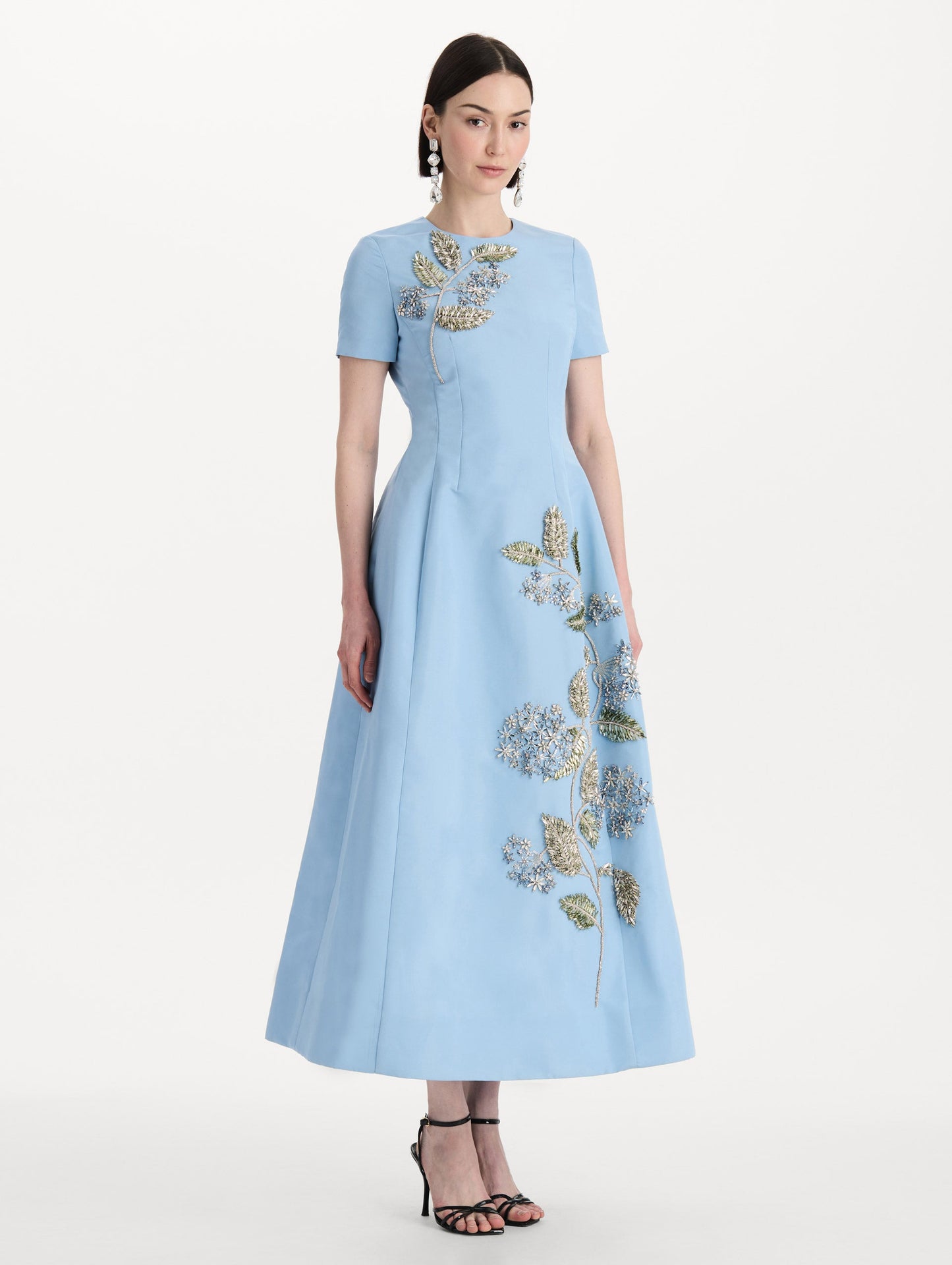 Crystal Flower Embroidered Faille Dress Cerulean / Oscar de la Renta