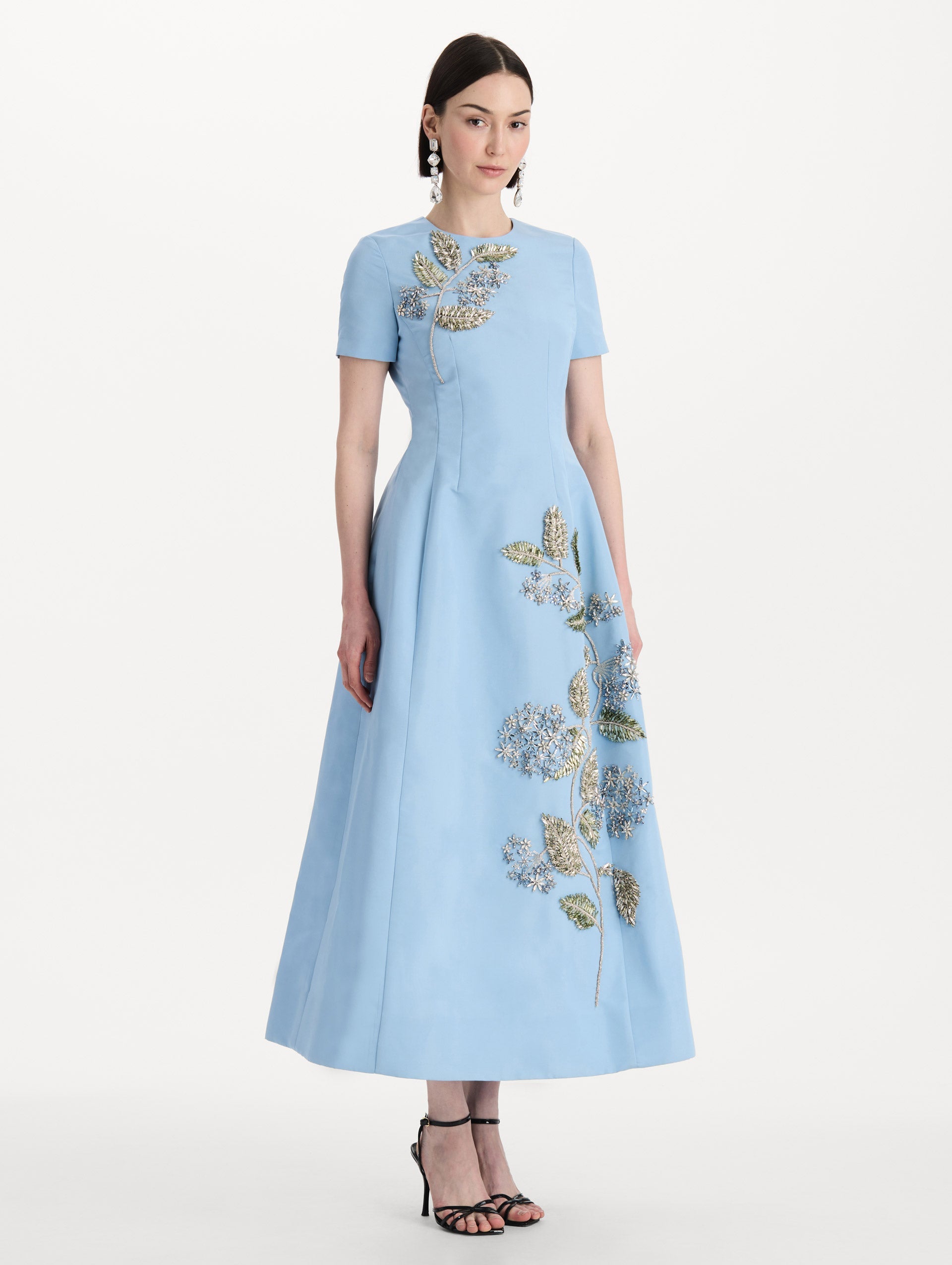 Crystal Flower Embroidered Faille Dress Cerulean / Oscar de la Renta
