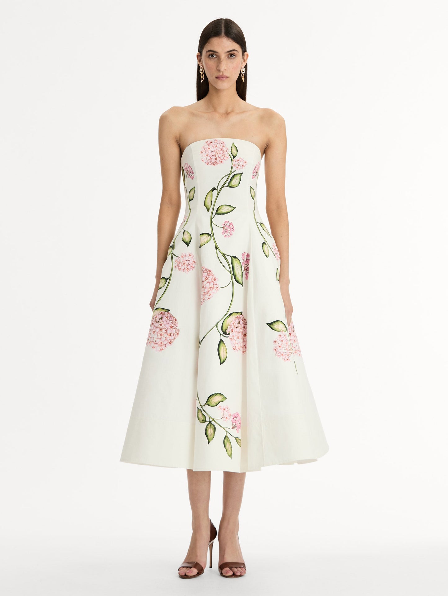 Porcelain Flower Cotton Poplin Strapless Dress Pink/white / Oscar de la Renta