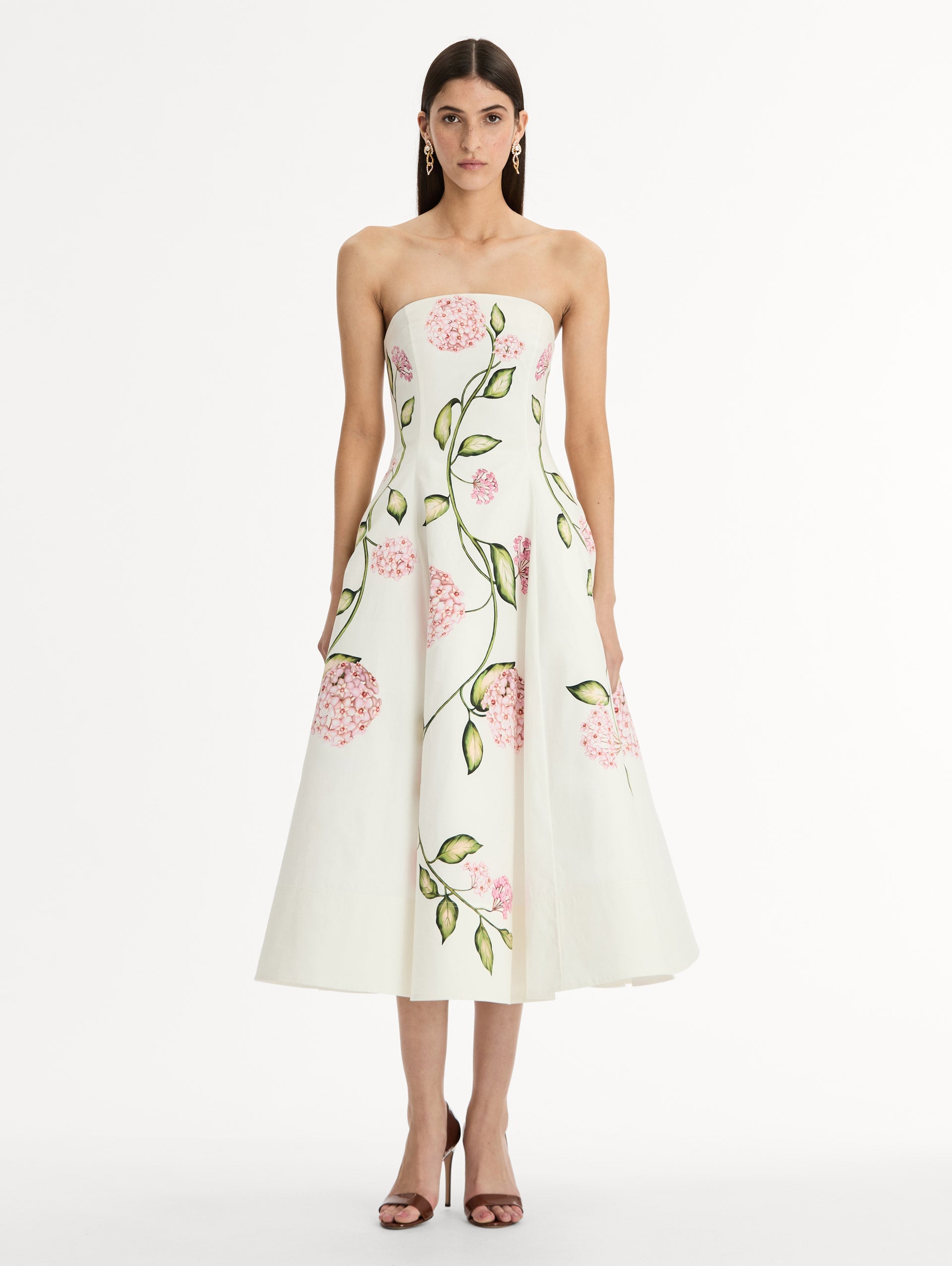 Porcelain Flower Cotton Poplin Strapless Dress Pink/white / Oscar de la Renta