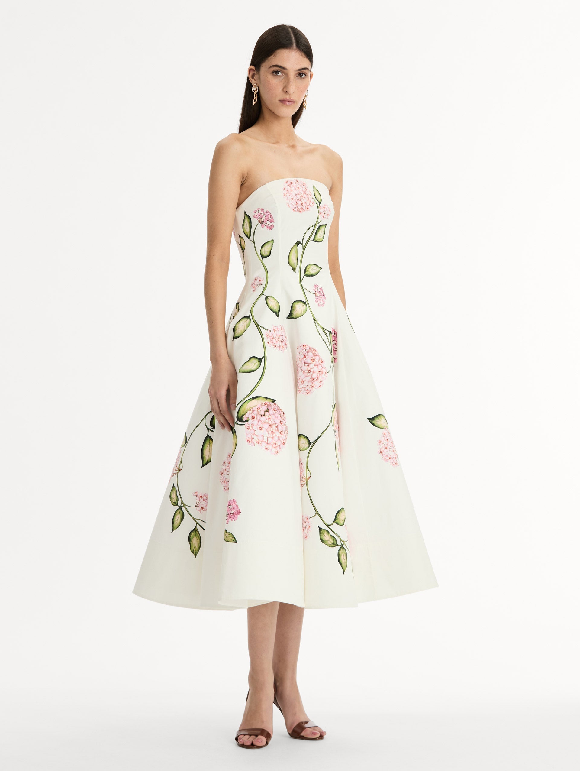 Porcelain Flower Cotton Poplin Strapless Dress Pink/white / Oscar de la Renta