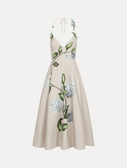 Porcelain Flower Faille Cocktail Dress Denim/oatmeal / Oscar de la Renta