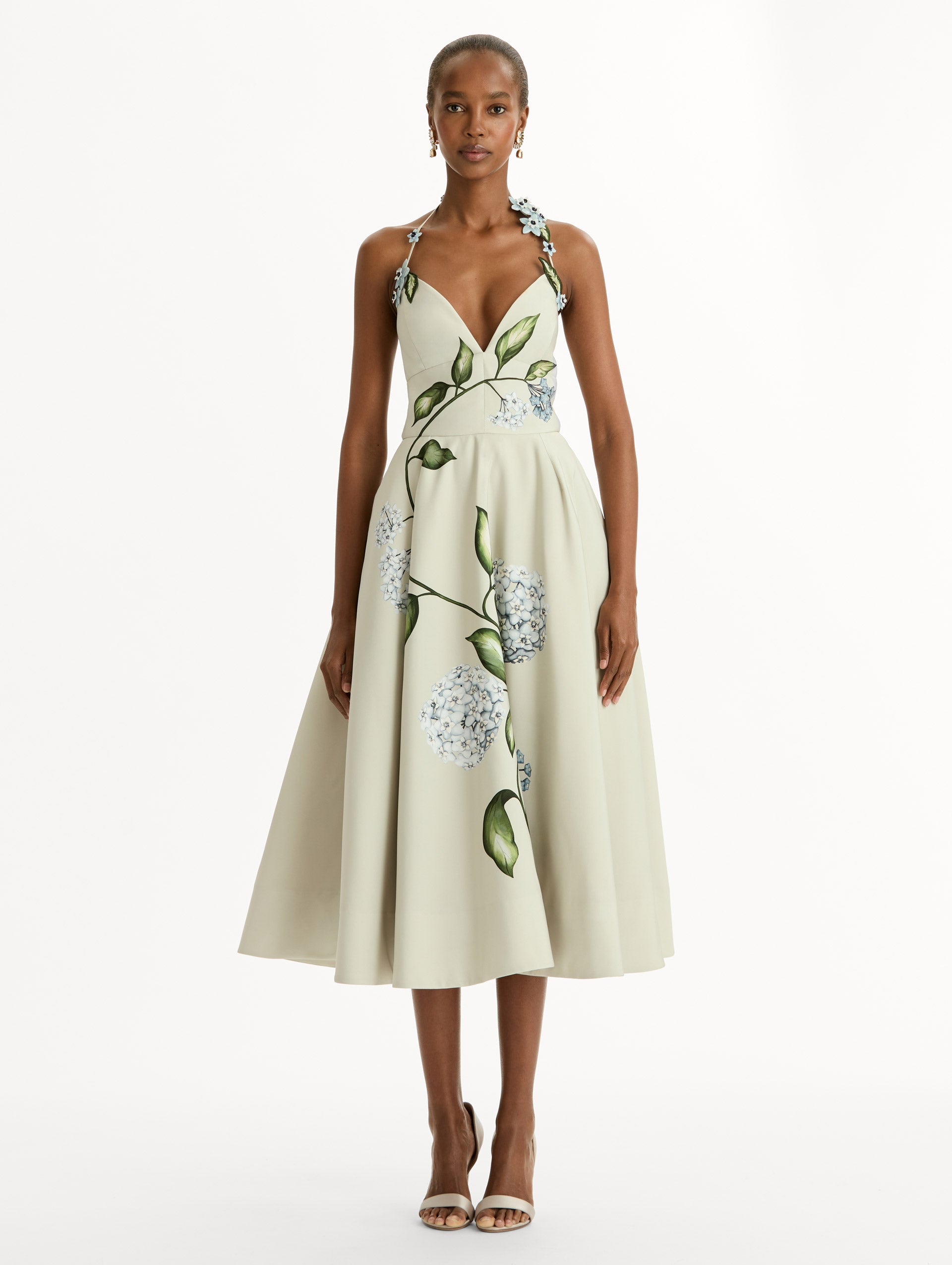 Porcelain Flower Faille Cocktail Dress Denim/oatmeal / Oscar de la Renta