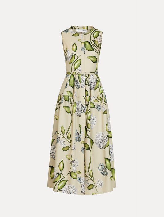 Porcelain Flower Cotton Poplin Dress Denim/oatmeal / Oscar de la Renta