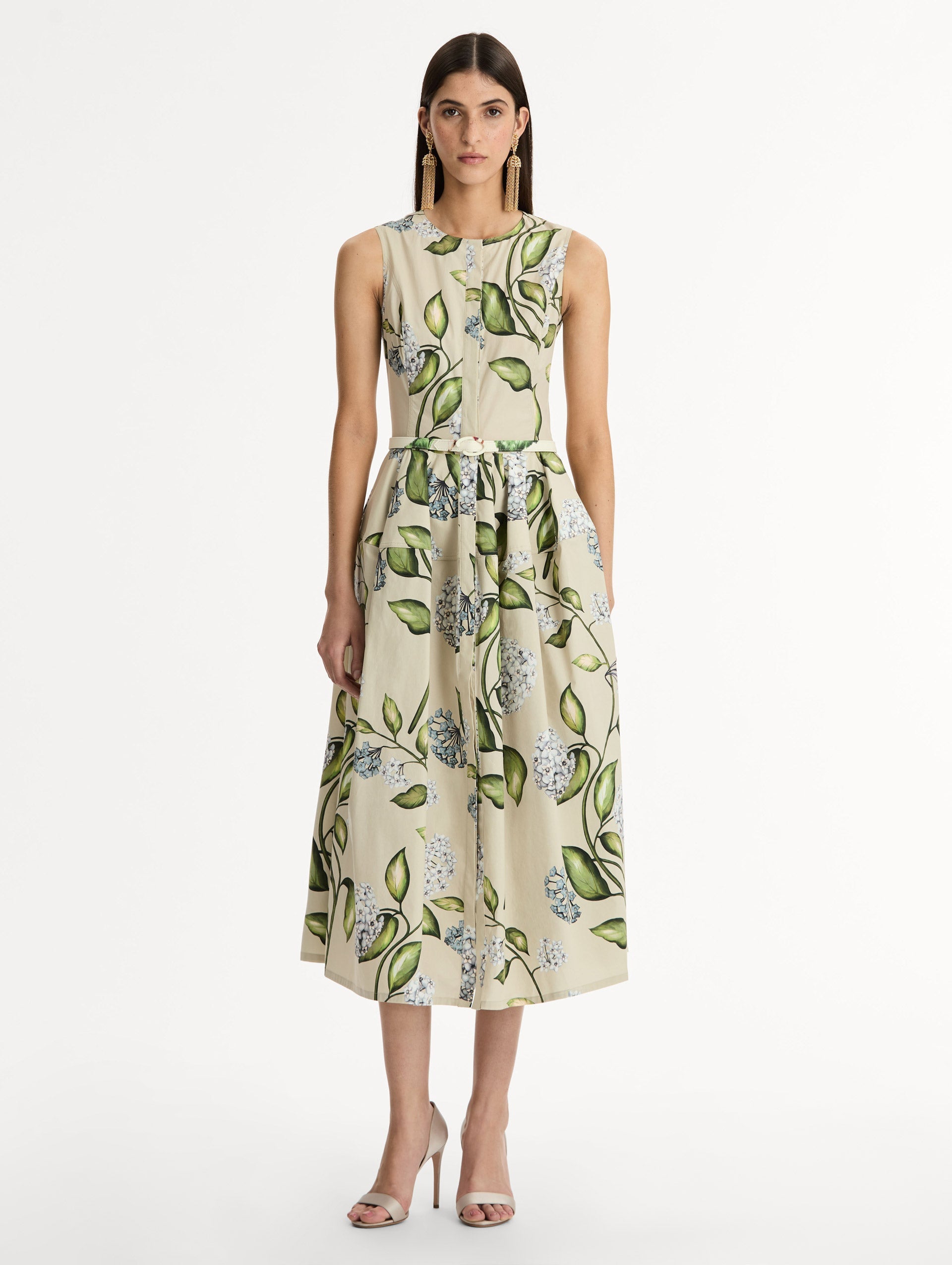 Porcelain Flower Cotton Poplin Dress Denim/oatmeal / Oscar de la Renta