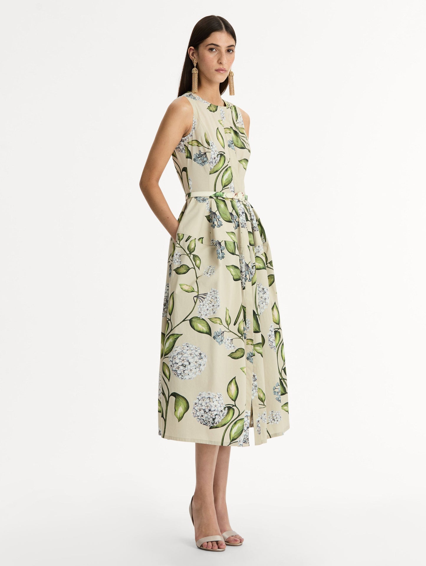 Porcelain Flower Cotton Poplin Dress Denim/oatmeal / Oscar de la Renta