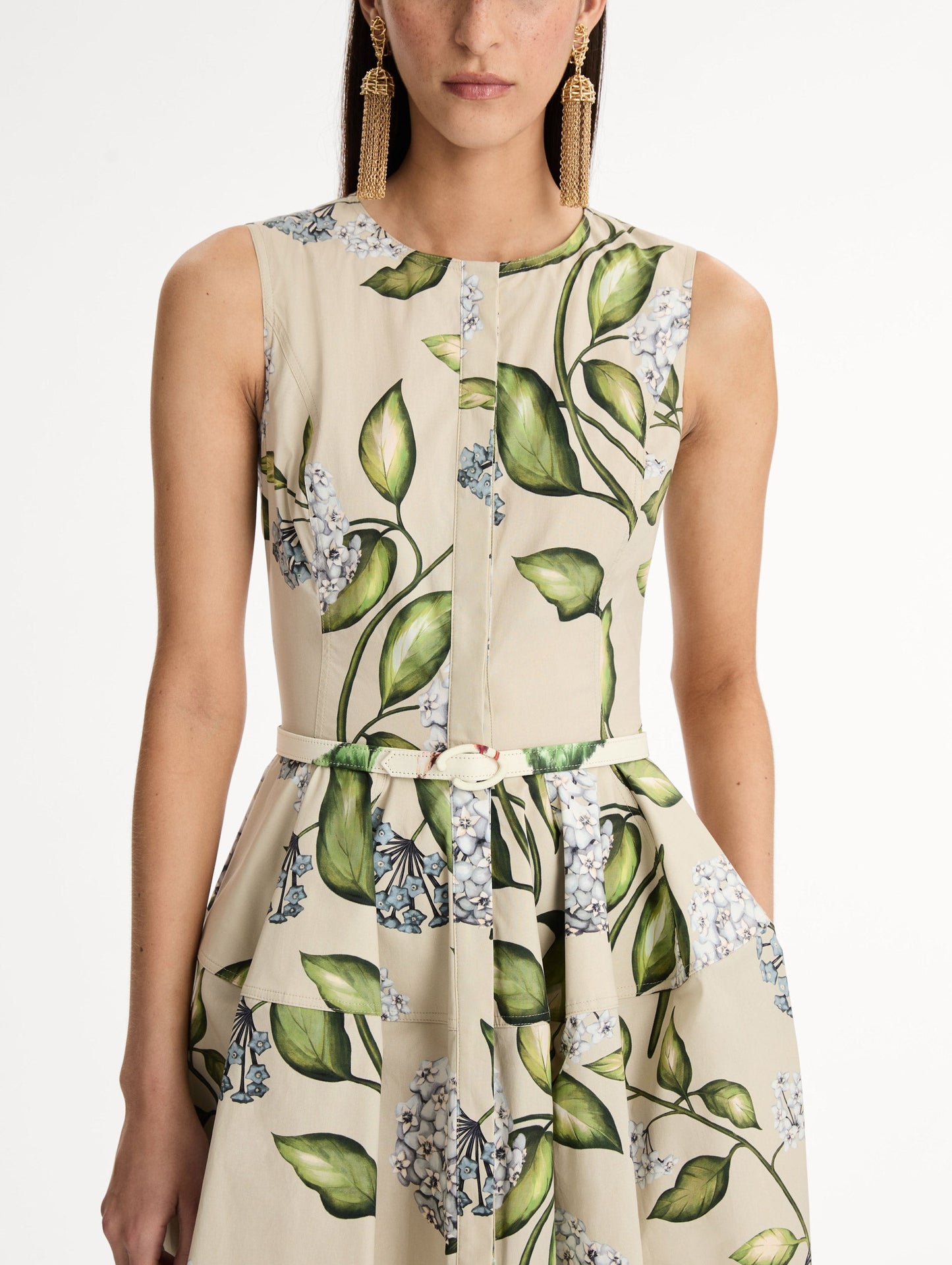 Porcelain Flower Cotton Poplin Dress Denim/oatmeal / Oscar de la Renta