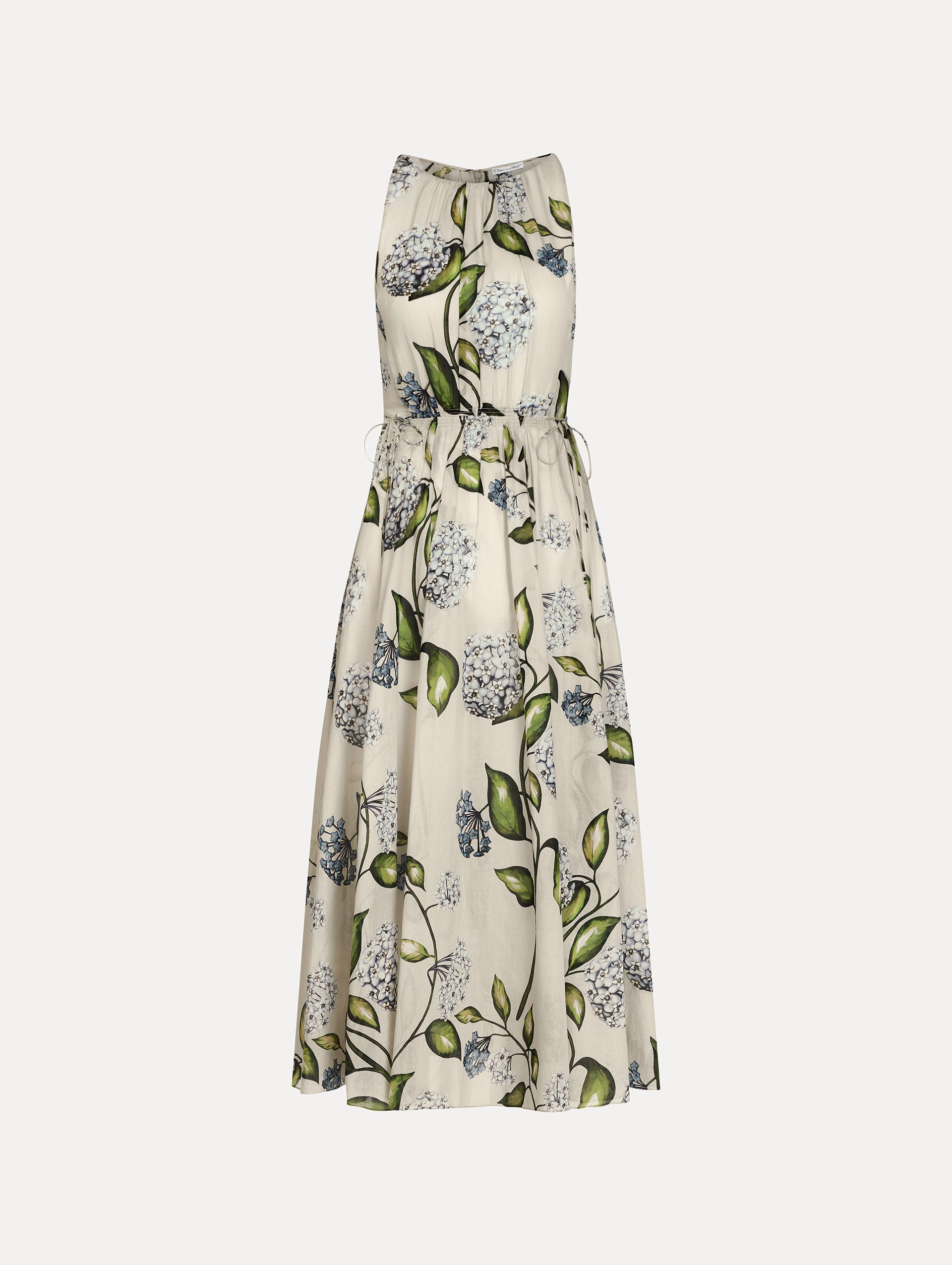 Porcelain Flower Cotton Poplin Pleated Dress Denim/oatmeal / Oscar de la Renta