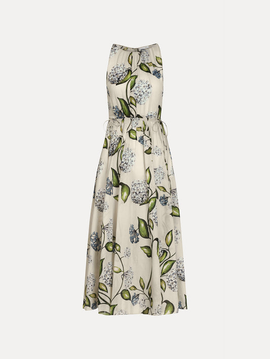 Porcelain Flower Cotton Poplin Pleated Dress Denim/oatmeal / Oscar de la Renta