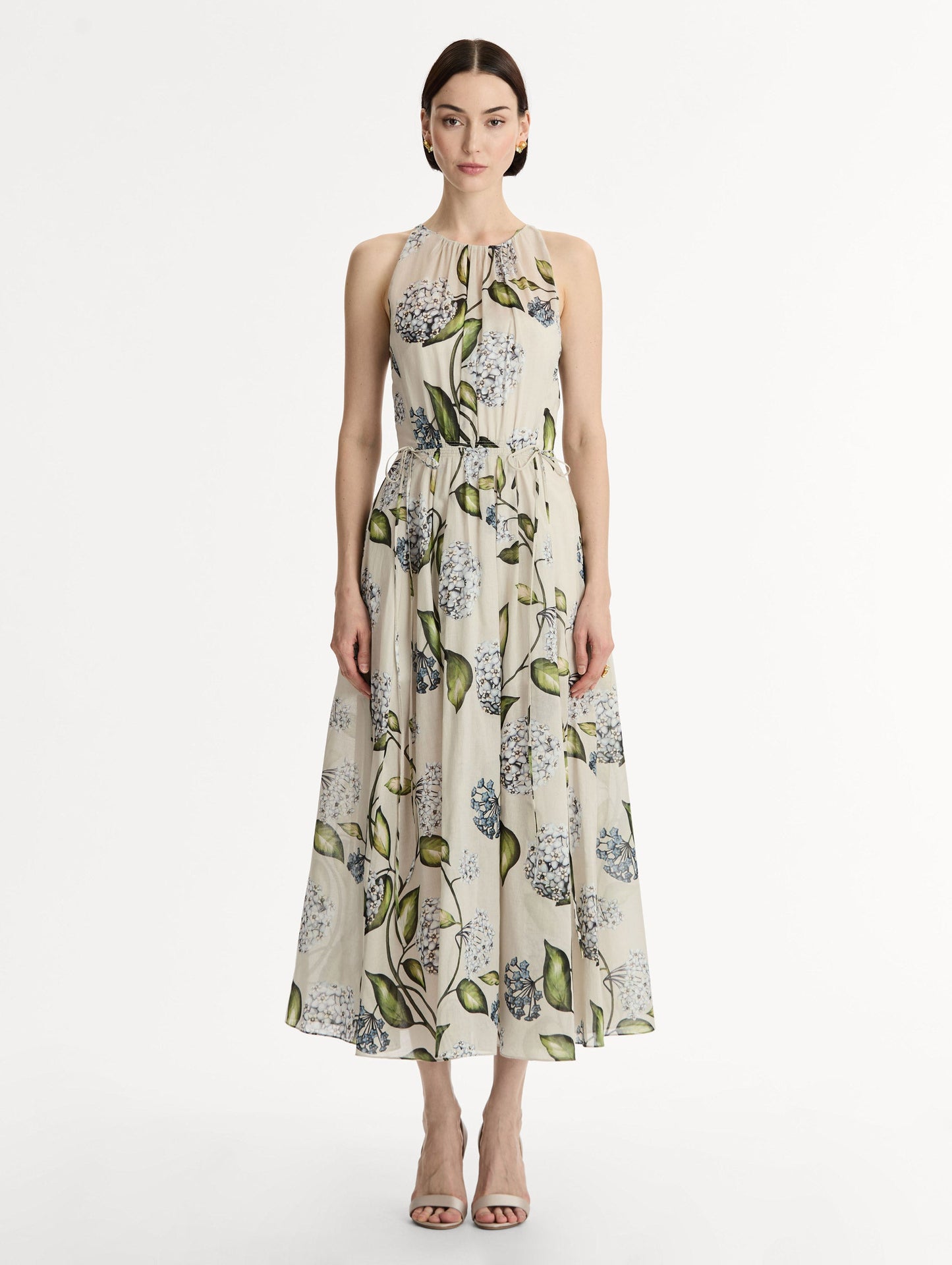 Porcelain Flower Cotton Poplin Pleated Dress Denim/oatmeal / Oscar de la Renta