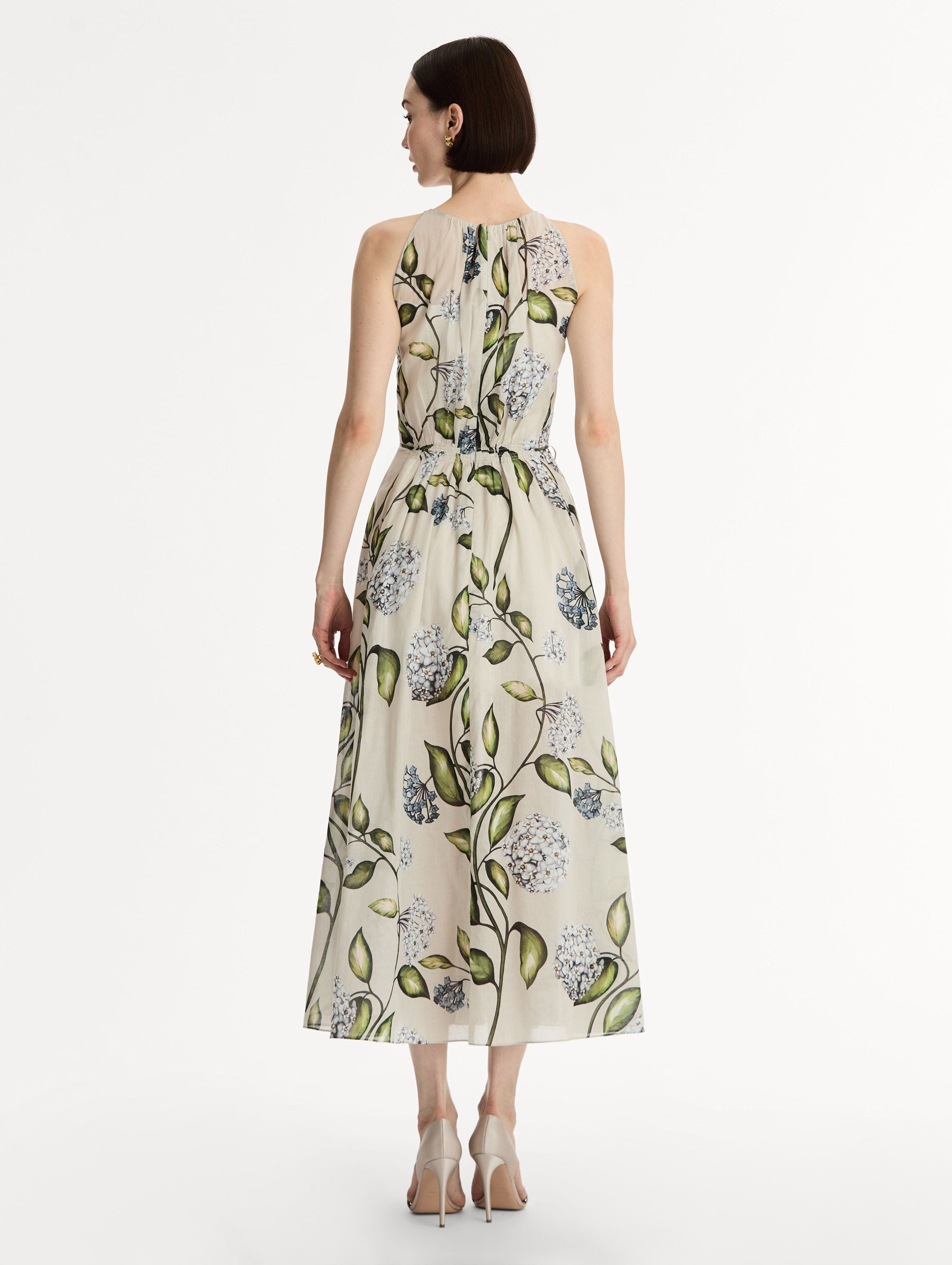 Porcelain Flower Cotton Poplin Pleated Dress Denim/oatmeal / Oscar de la Renta