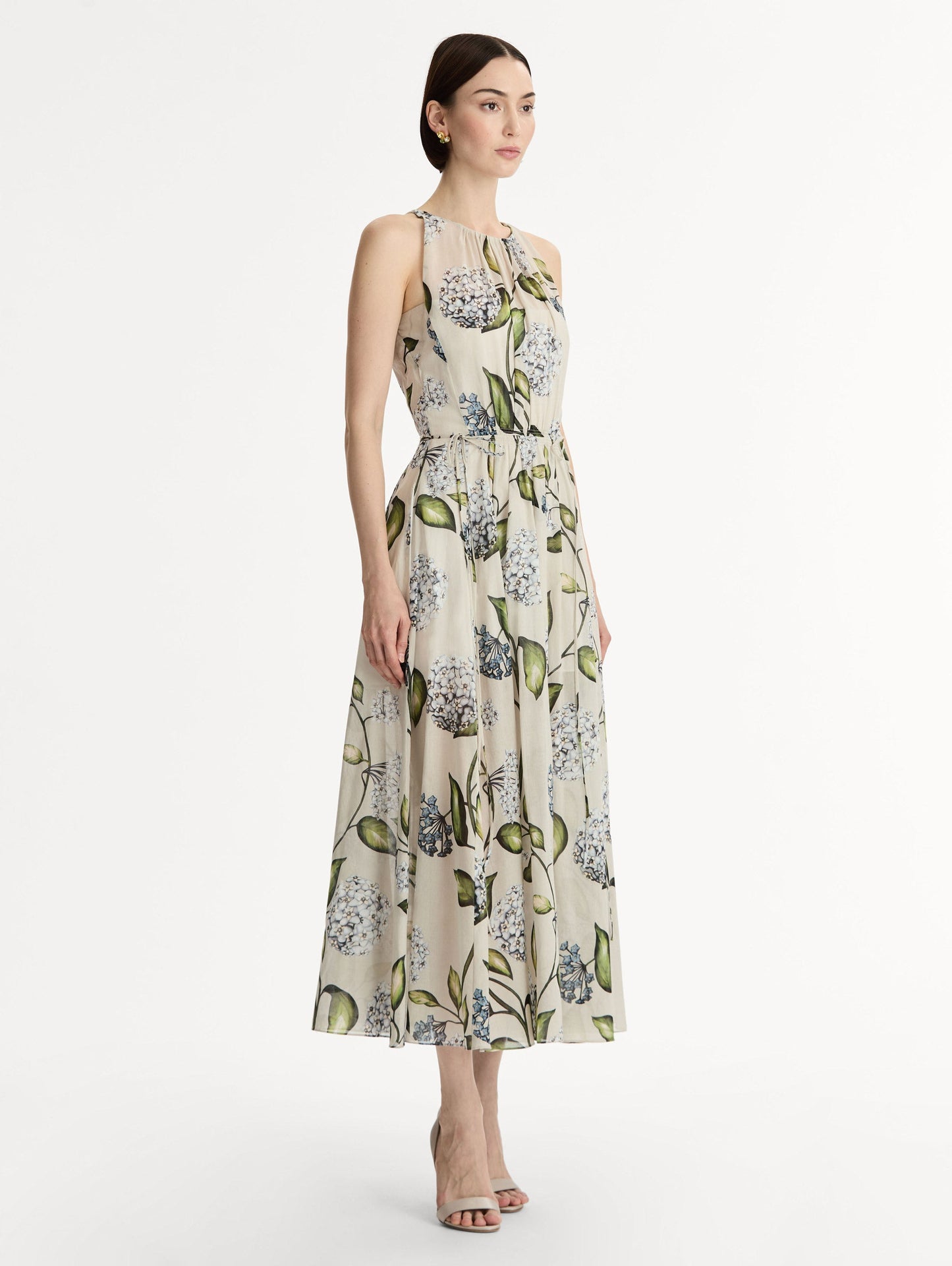 Porcelain Flower Cotton Poplin Pleated Dress Denim/oatmeal / Oscar de la Renta