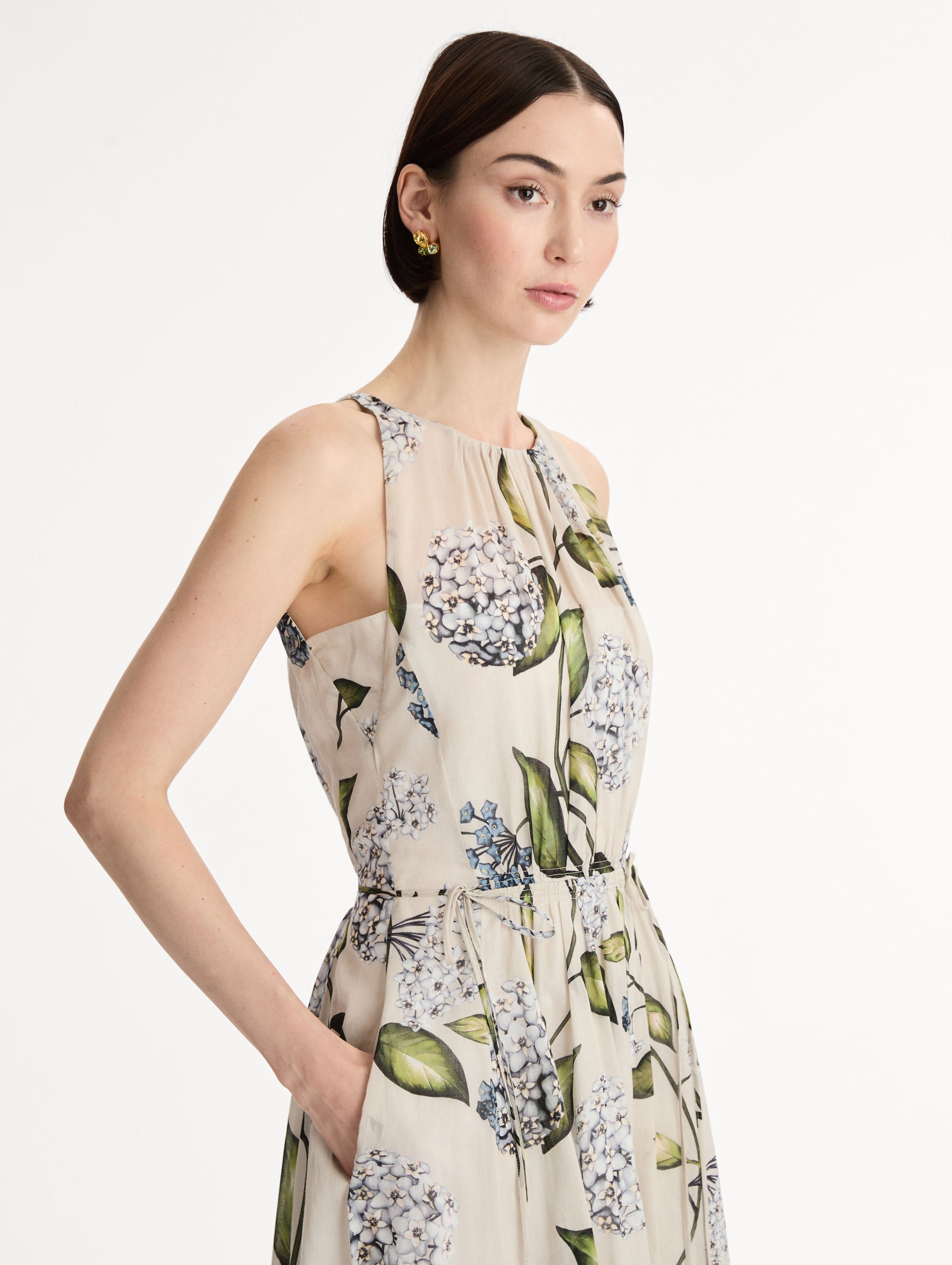 Porcelain Flower Cotton Poplin Pleated Dress Denim/oatmeal / Oscar de la Renta