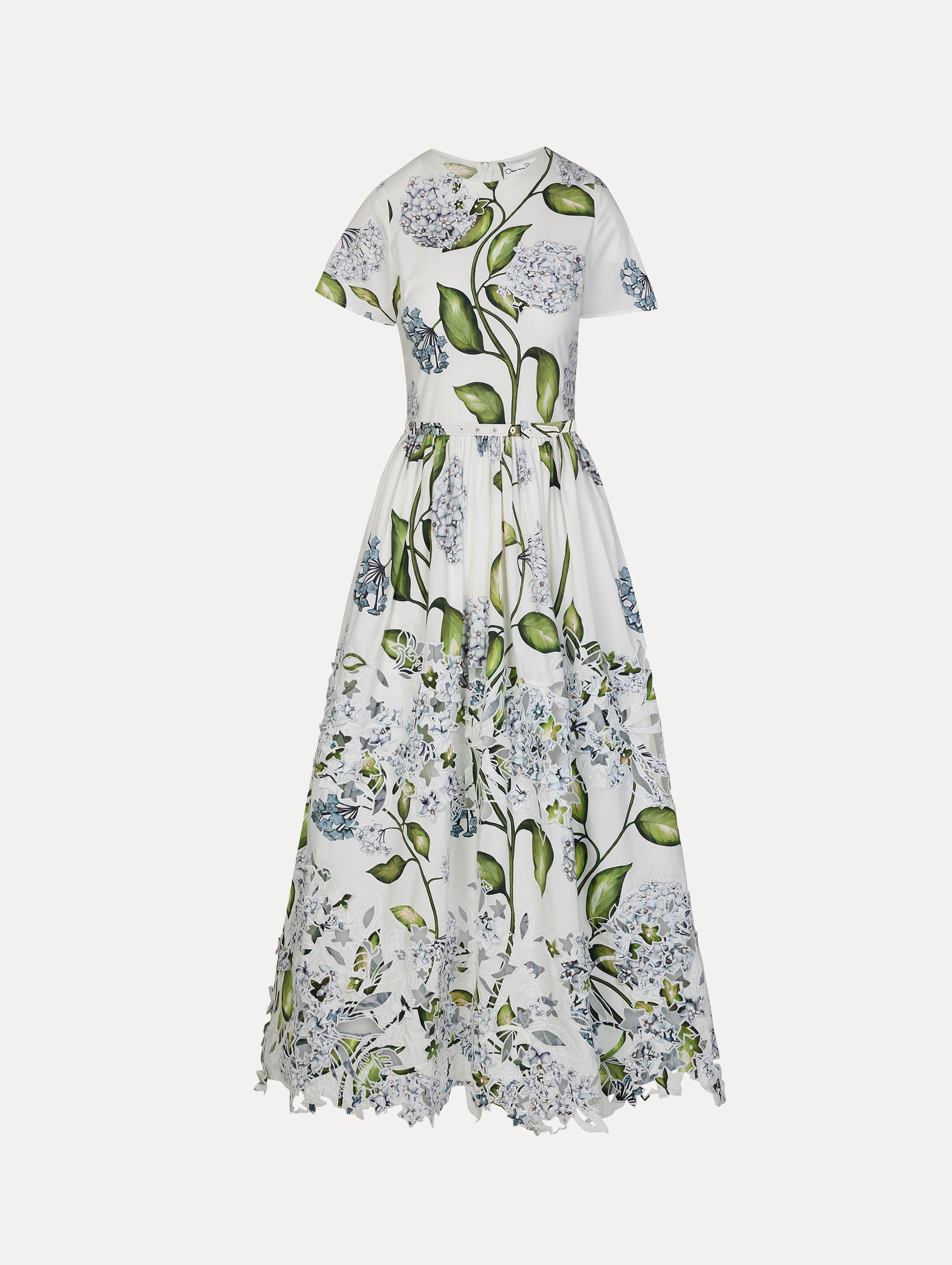 Porcelain Flower Embroidered Cotton Poplin Dress Denim/white / Oscar de la Renta