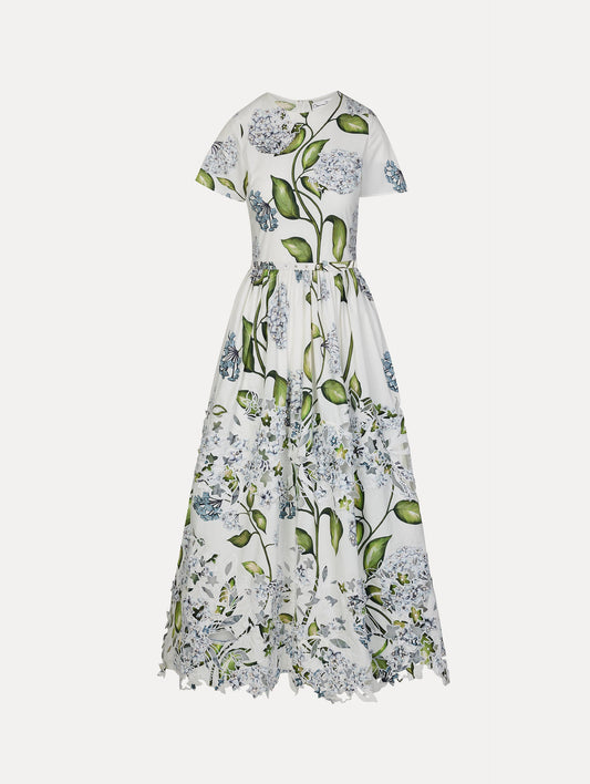 Porcelain Flower Embroidered Cotton Poplin Dress Denim/white / Oscar de la Renta