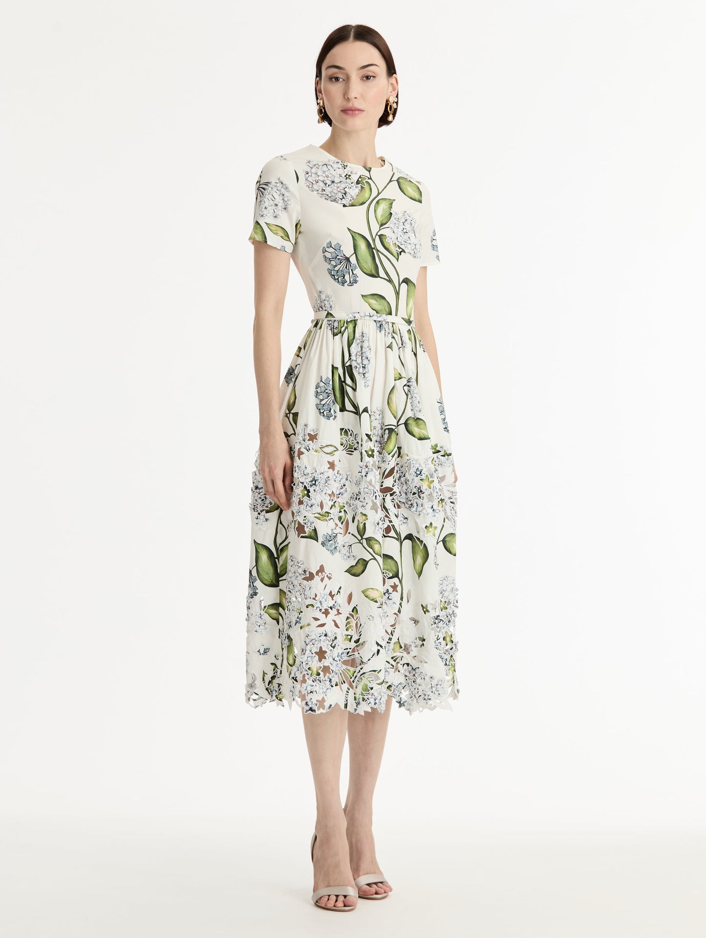 Porcelain Flower Embroidered Cotton Poplin Dress Denim/white / Oscar de la Renta