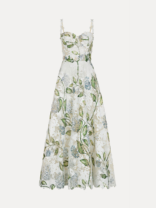 Porcelain Flower Guipure Cocktail Dress Denim/white / Oscar de la Renta