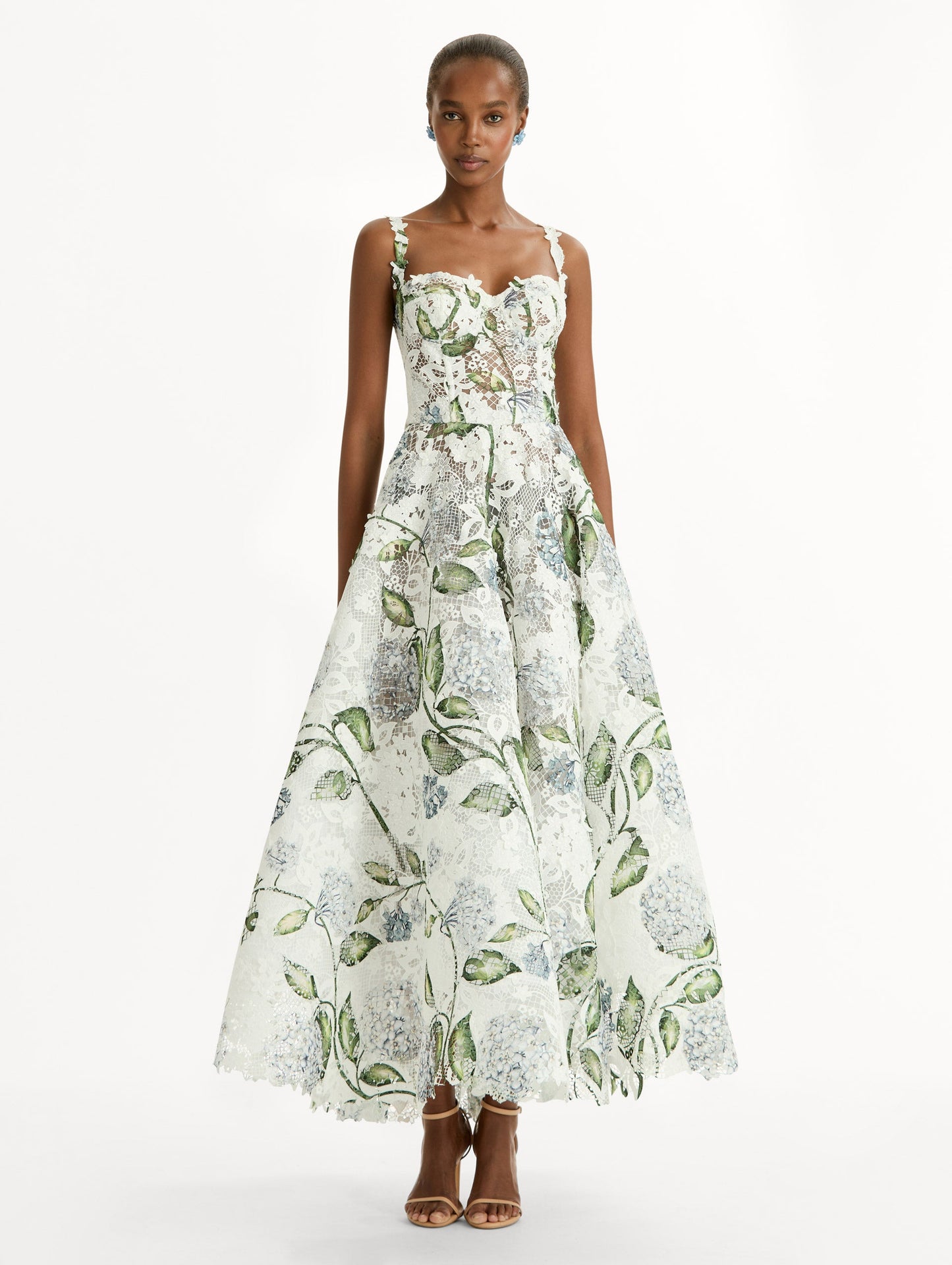 Porcelain Flower Guipure Cocktail Dress Denim/white / Oscar de la Renta