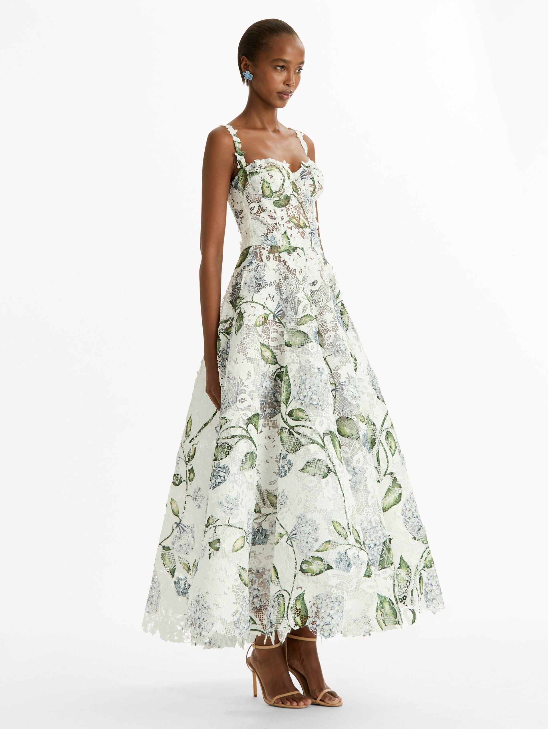Porcelain Flower Guipure Cocktail Dress Denim/white / Oscar de la Renta