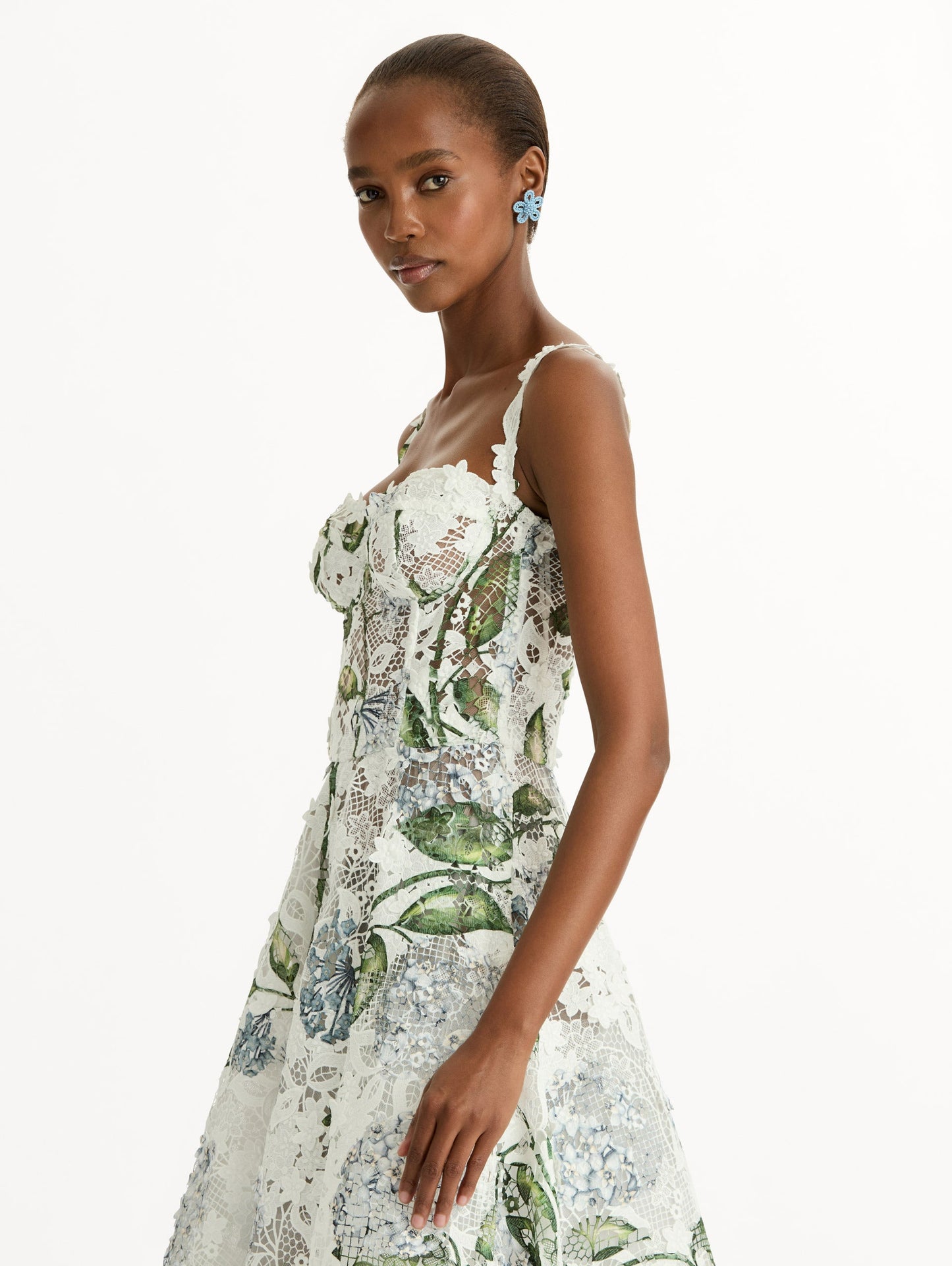 Porcelain Flower Guipure Cocktail Dress Denim/white / Oscar de la Renta