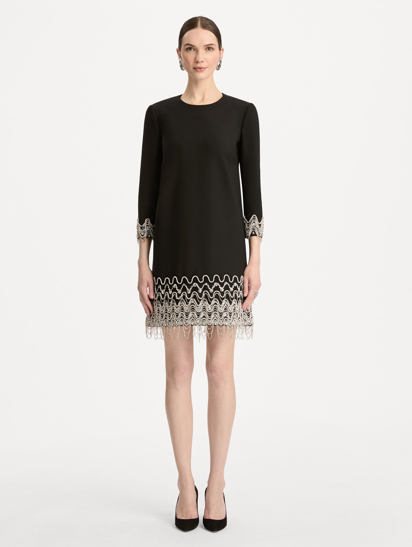 Crystal Wave Embroidered Shift Dress Black / Oscar de la Renta