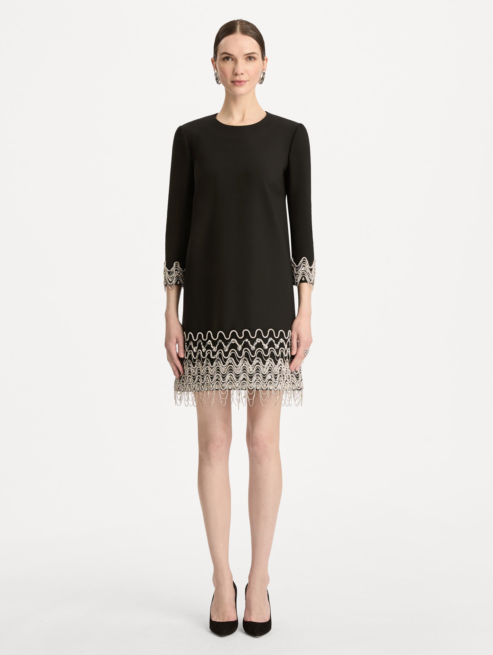 Crystal Wave Embroidered Shift Dress Black / Oscar de la Renta