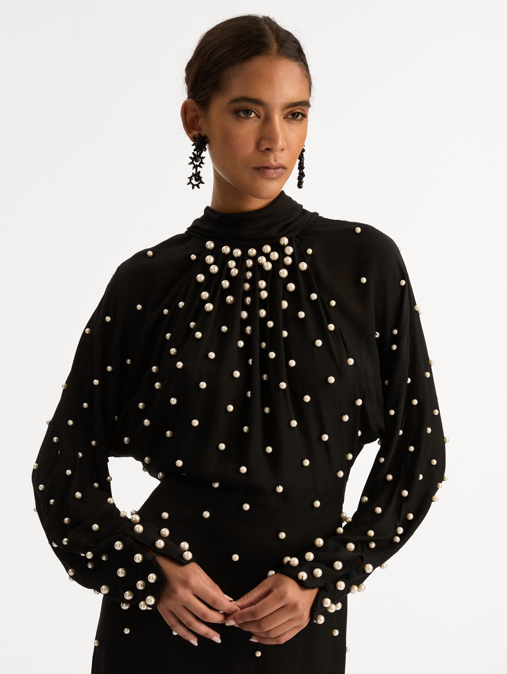 Pearl Cluster Georgette Dress Black / Oscar de la Renta