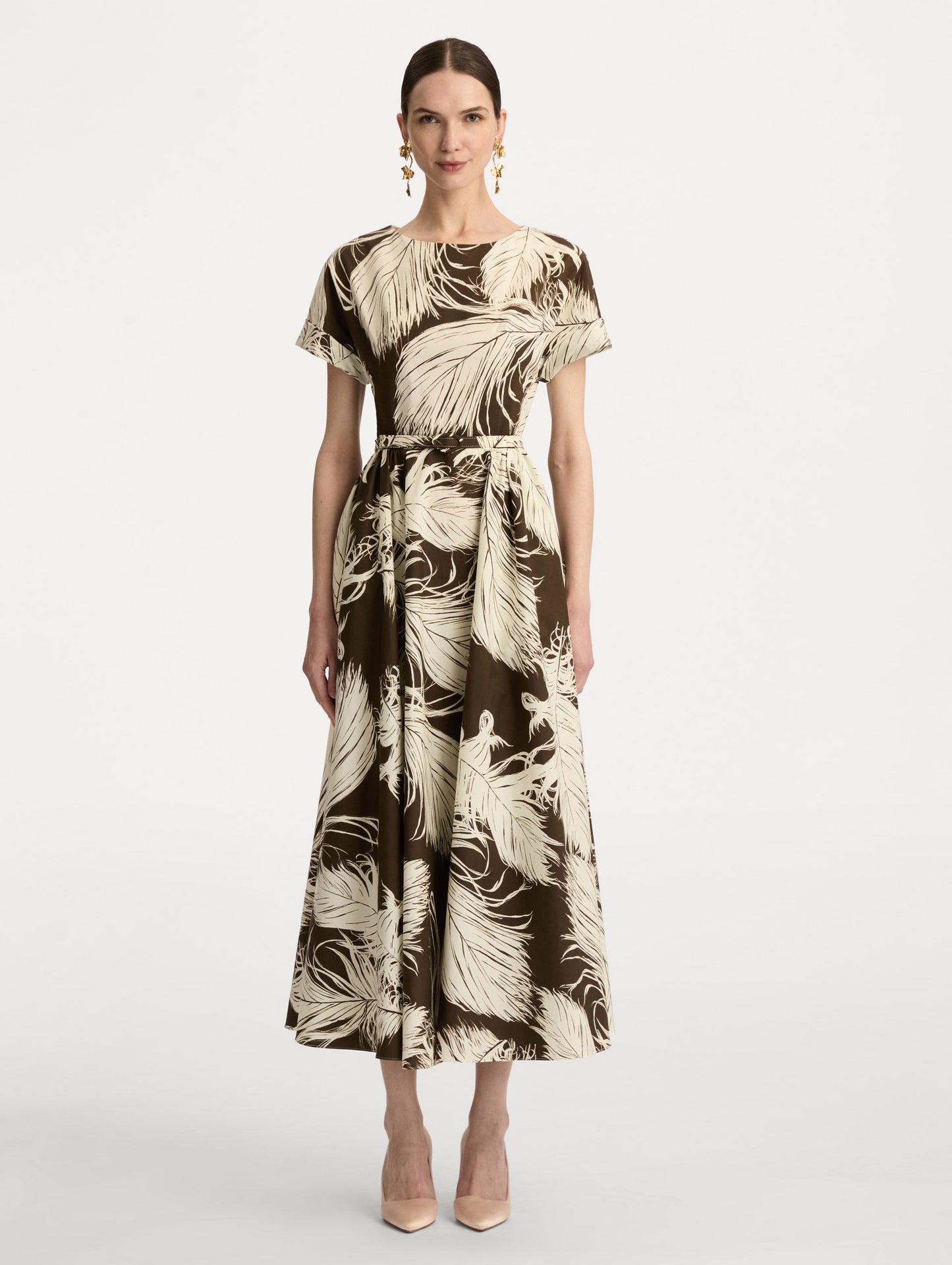 Feather Cotton Poplin Dress Ecru/dark brown / Oscar de la Renta