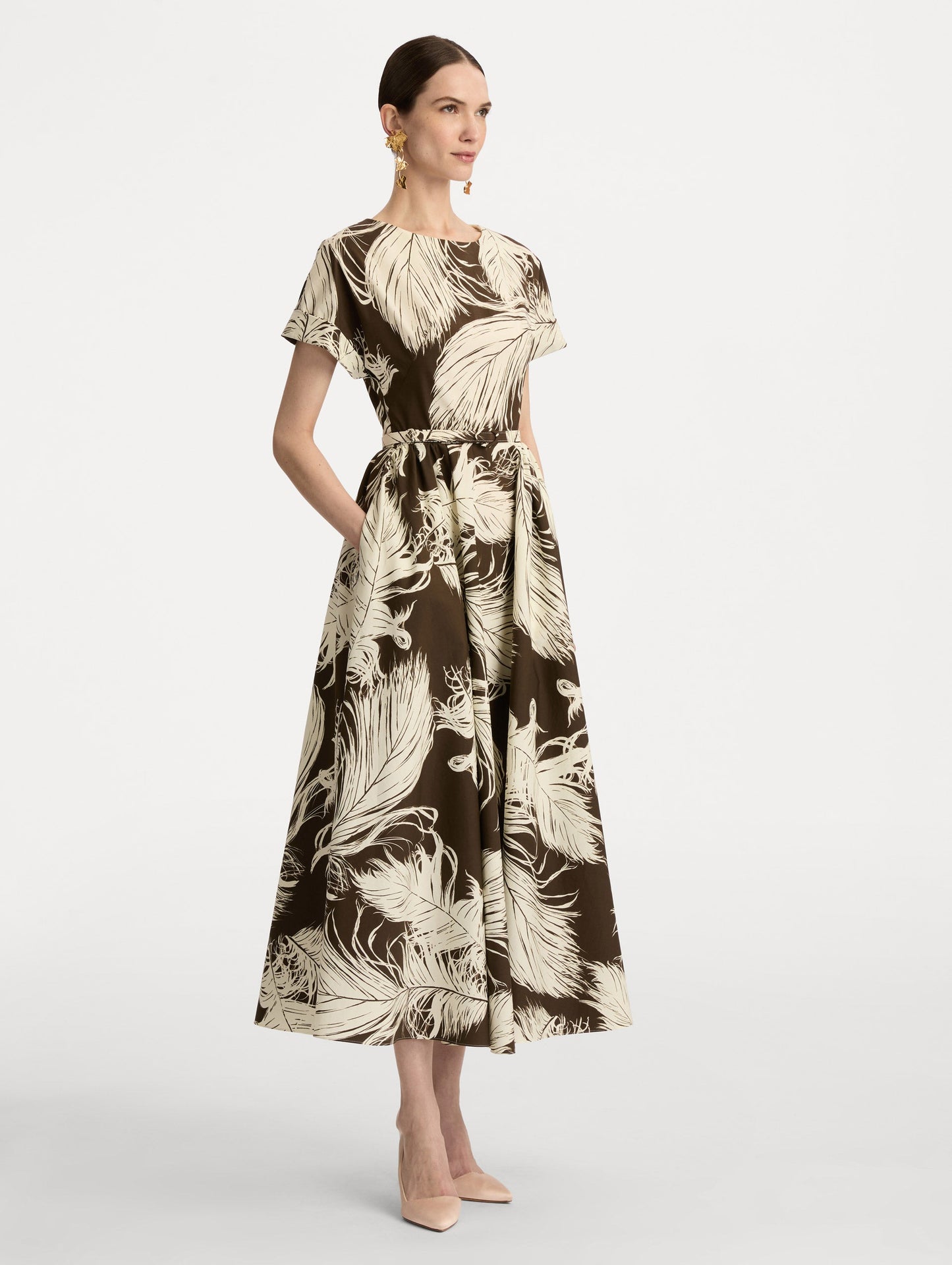 Feather Cotton Poplin Dress Ecru/dark brown / Oscar de la Renta
