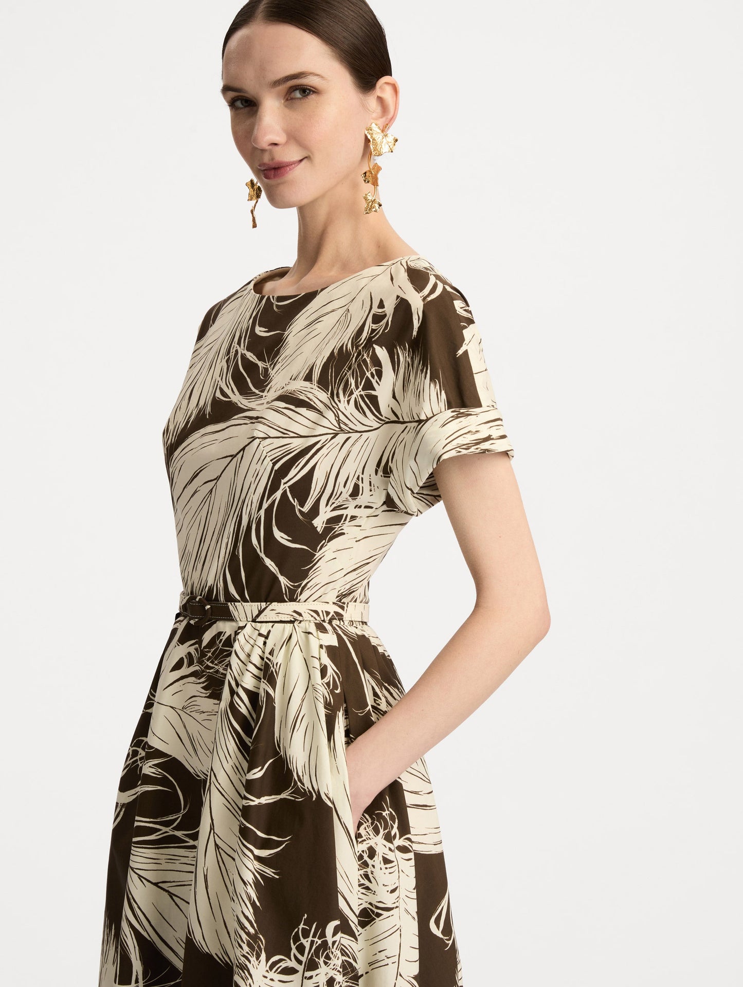 Feather Cotton Poplin Dress Ecru/dark brown / Oscar de la Renta