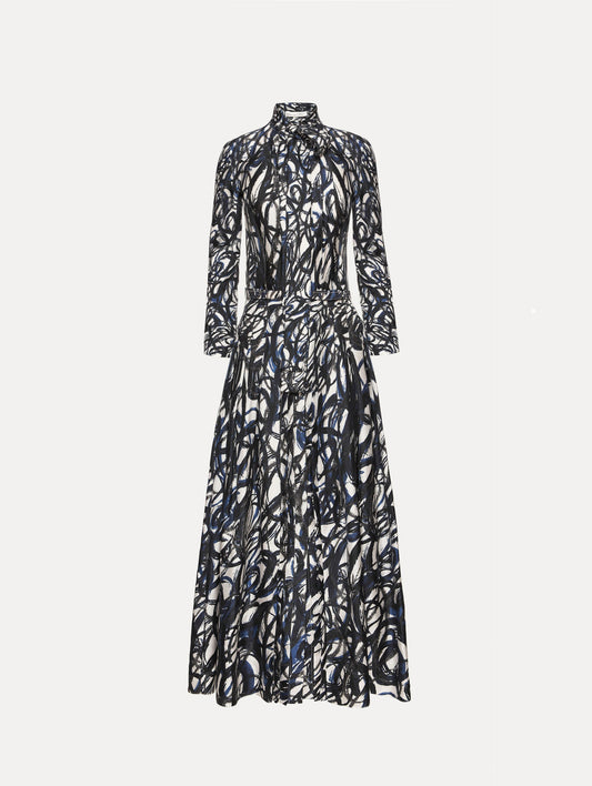 Abstract Sketch Silk Twill Dress Navy/white / Oscar de la Renta
