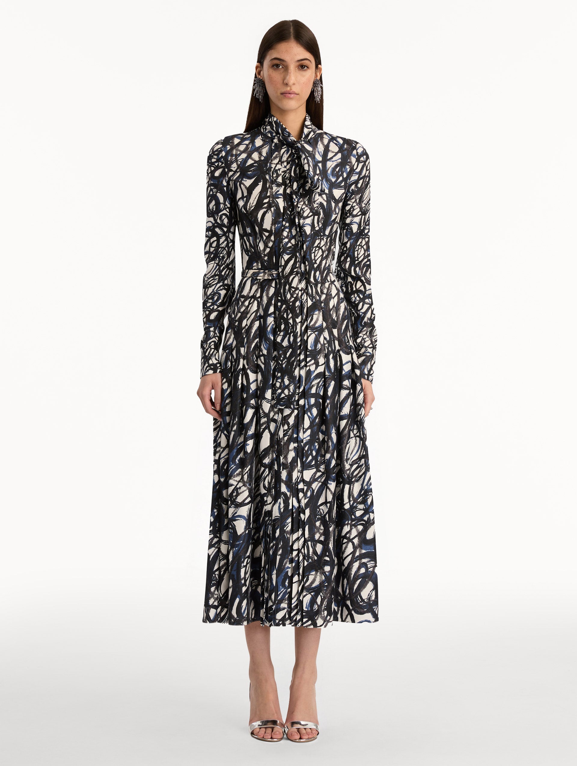 Abstract Sketch Silk Twill Dress Navy/white / Oscar de la Renta