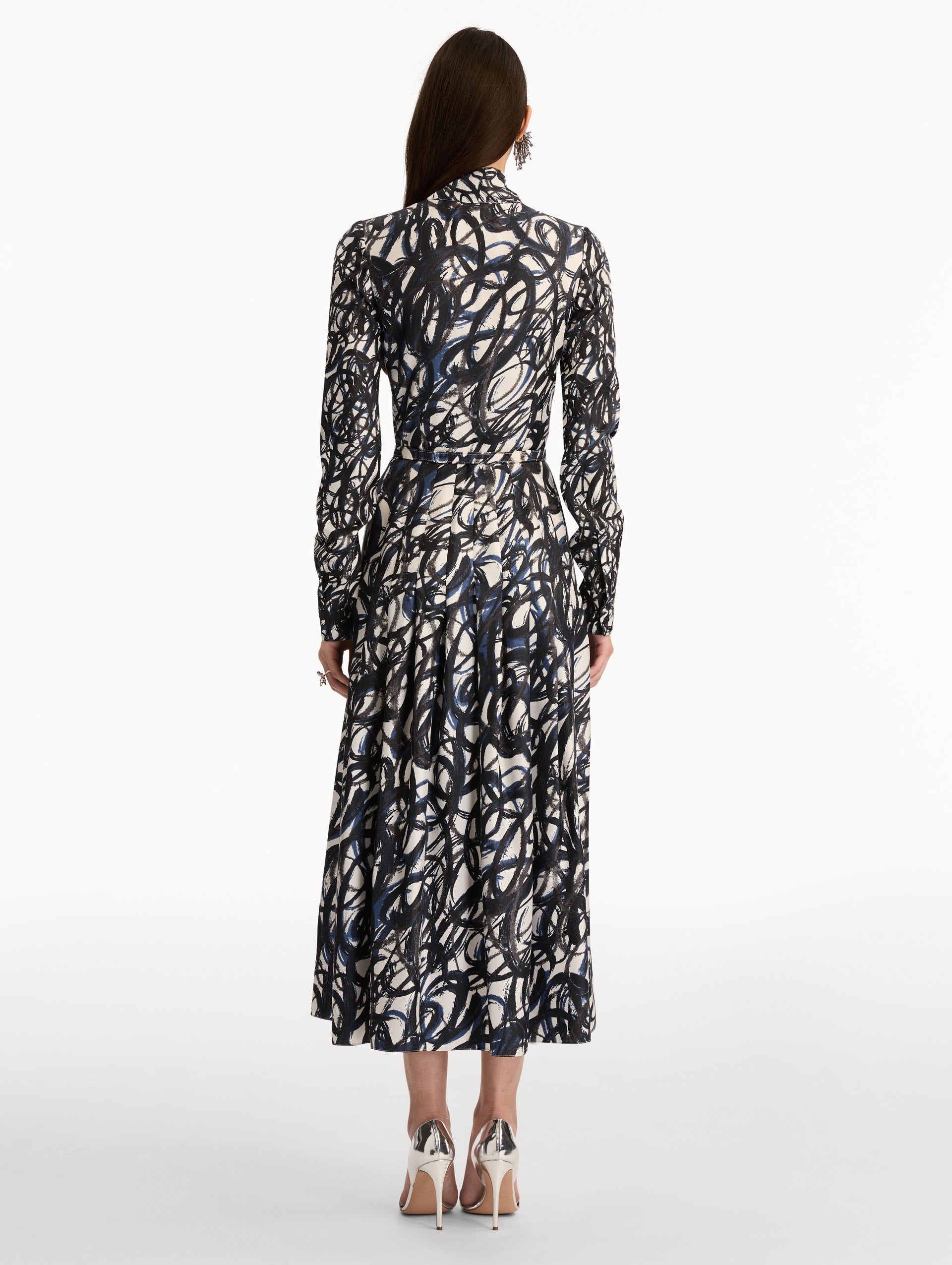 Abstract Sketch Silk Twill Dress Navy/white / Oscar de la Renta