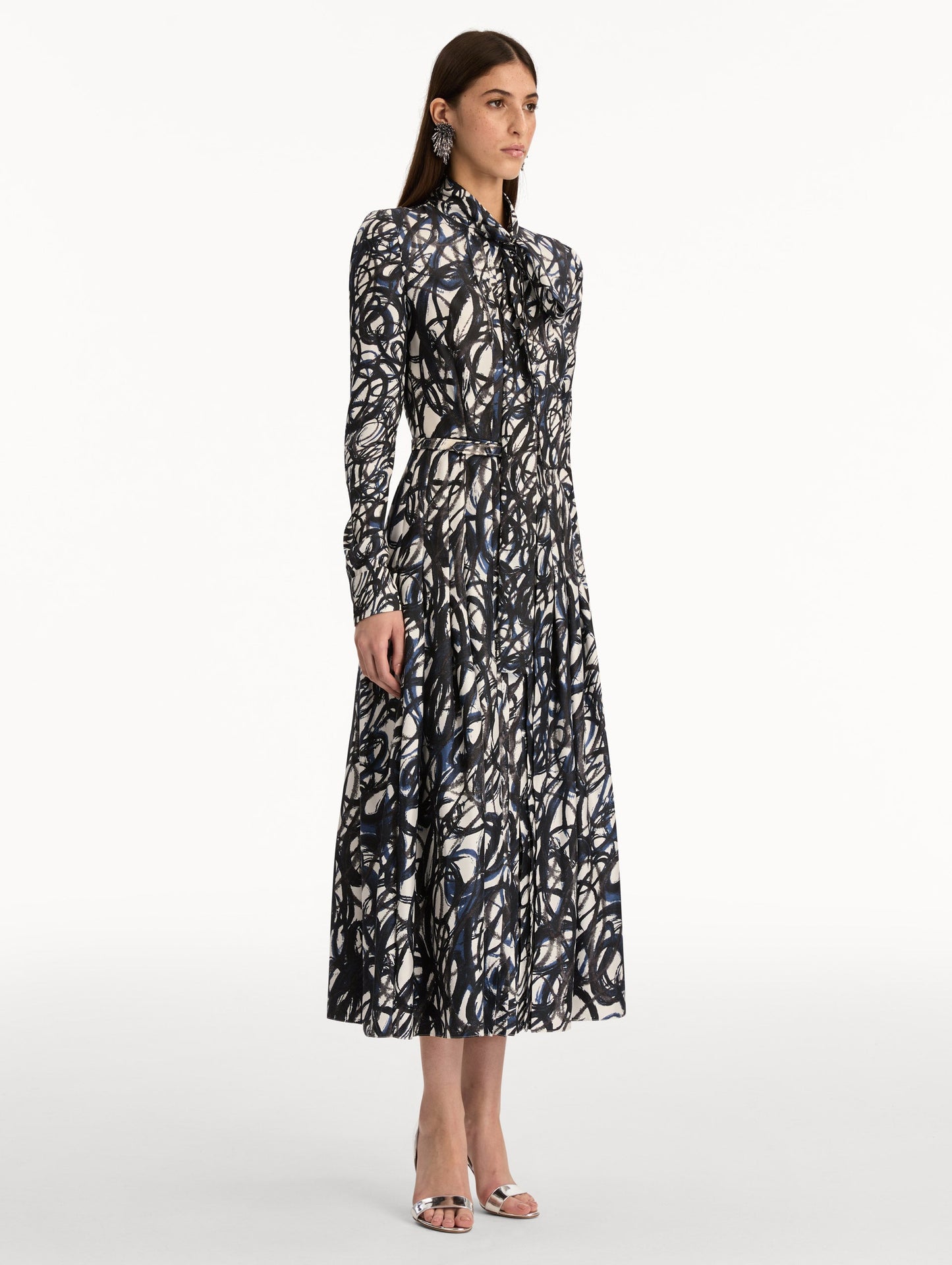 Abstract Sketch Silk Twill Dress Navy/white / Oscar de la Renta