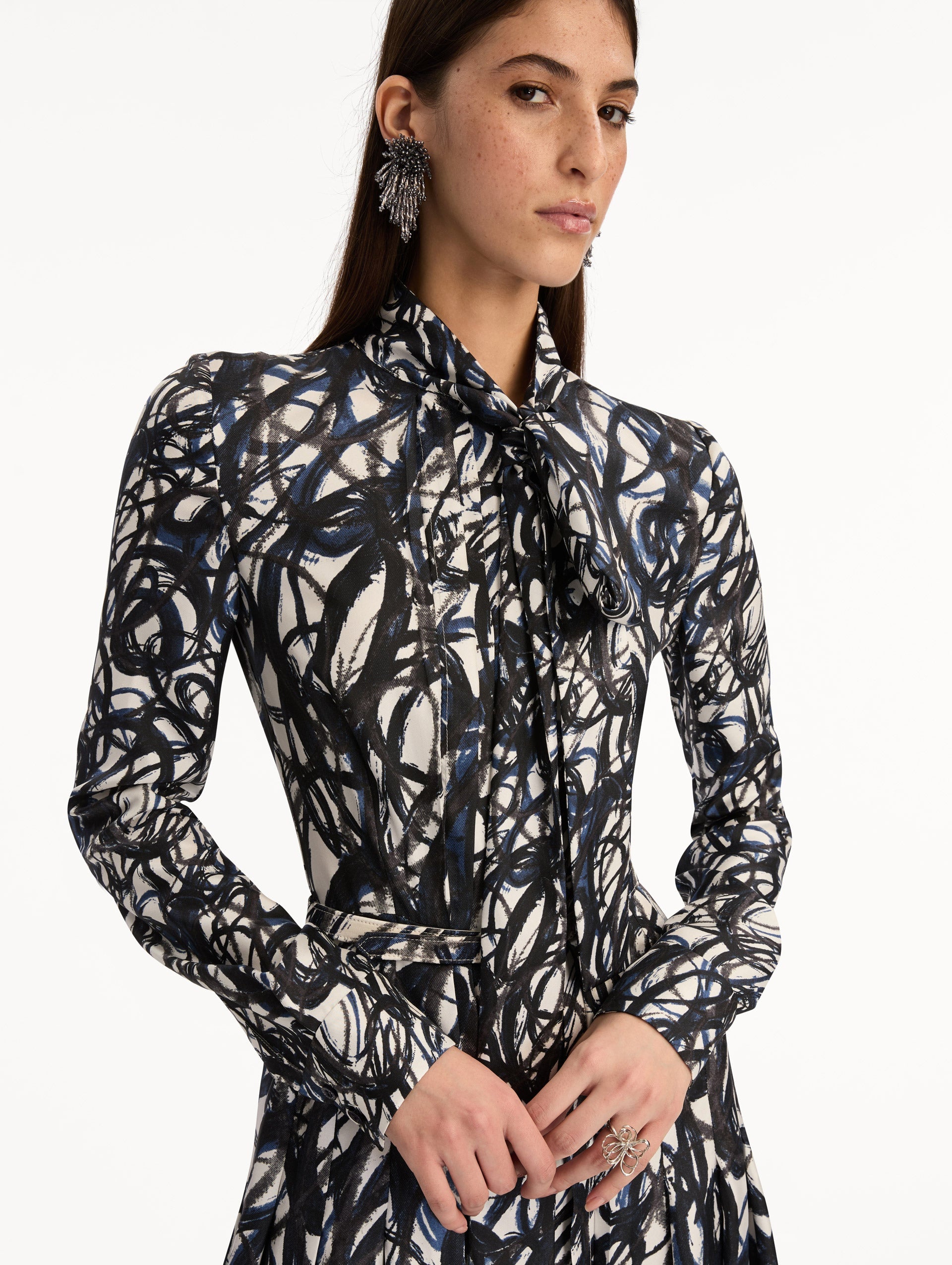 Abstract Sketch Silk Twill Dress Navy/white / Oscar de la Renta