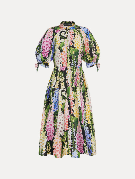 Foxglove Cotton Poplin Puff Sleeve Dress Black multi / Oscar de la Renta