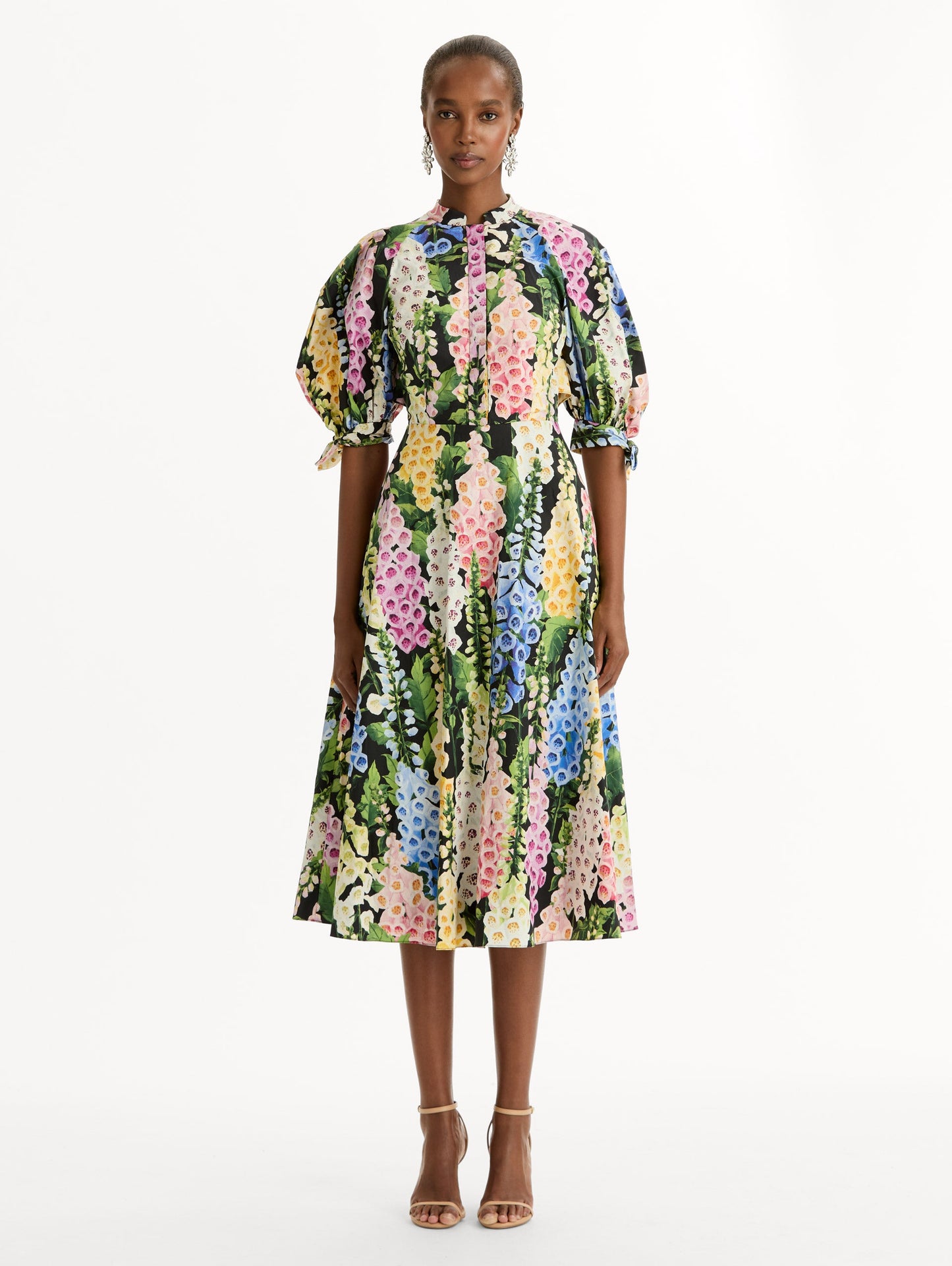 Foxglove Cotton Poplin Puff Sleeve Dress Black multi / Oscar de la Renta
