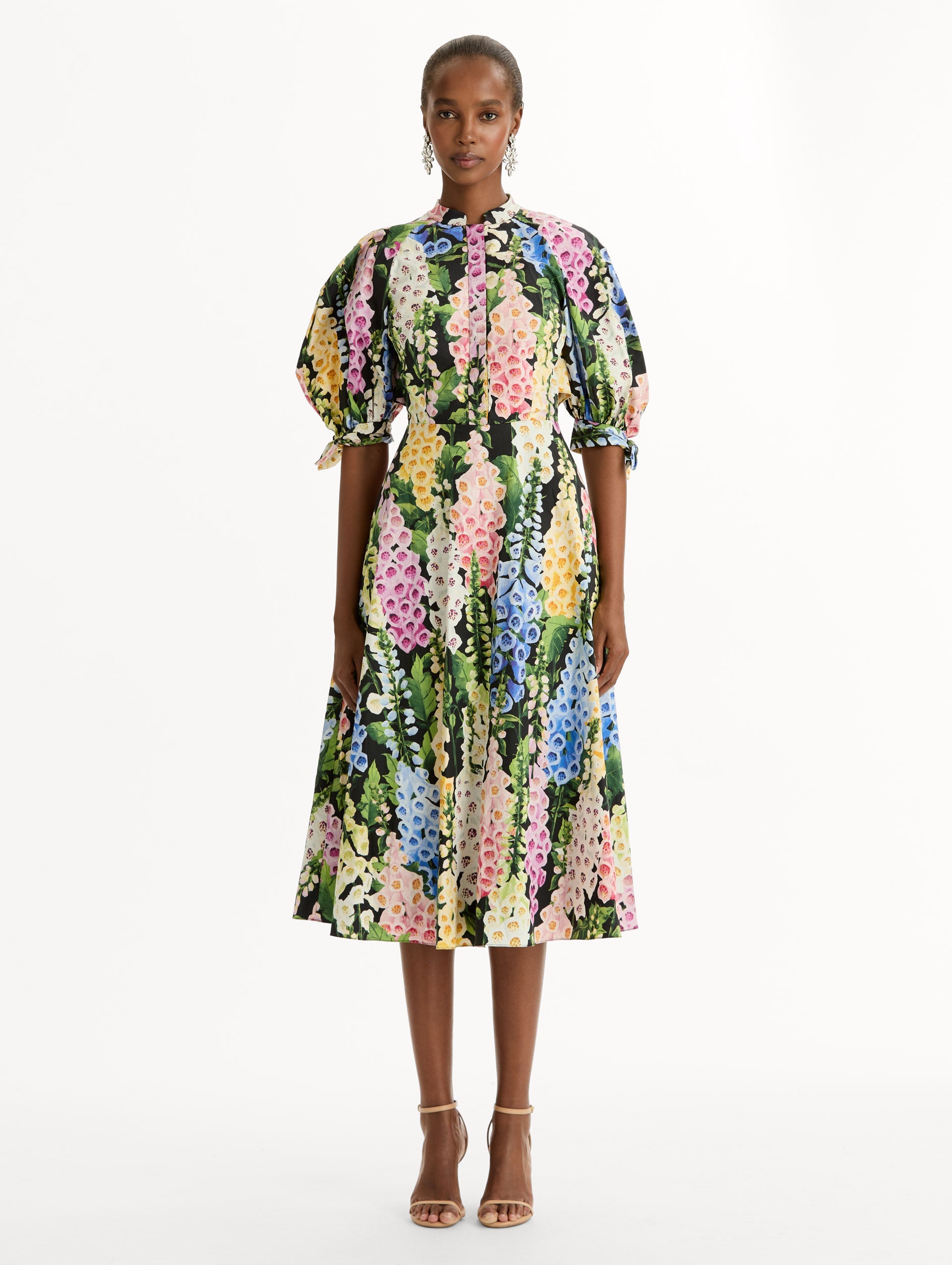 Foxglove Cotton Poplin Puff Sleeve Dress Black multi / Oscar de la Renta