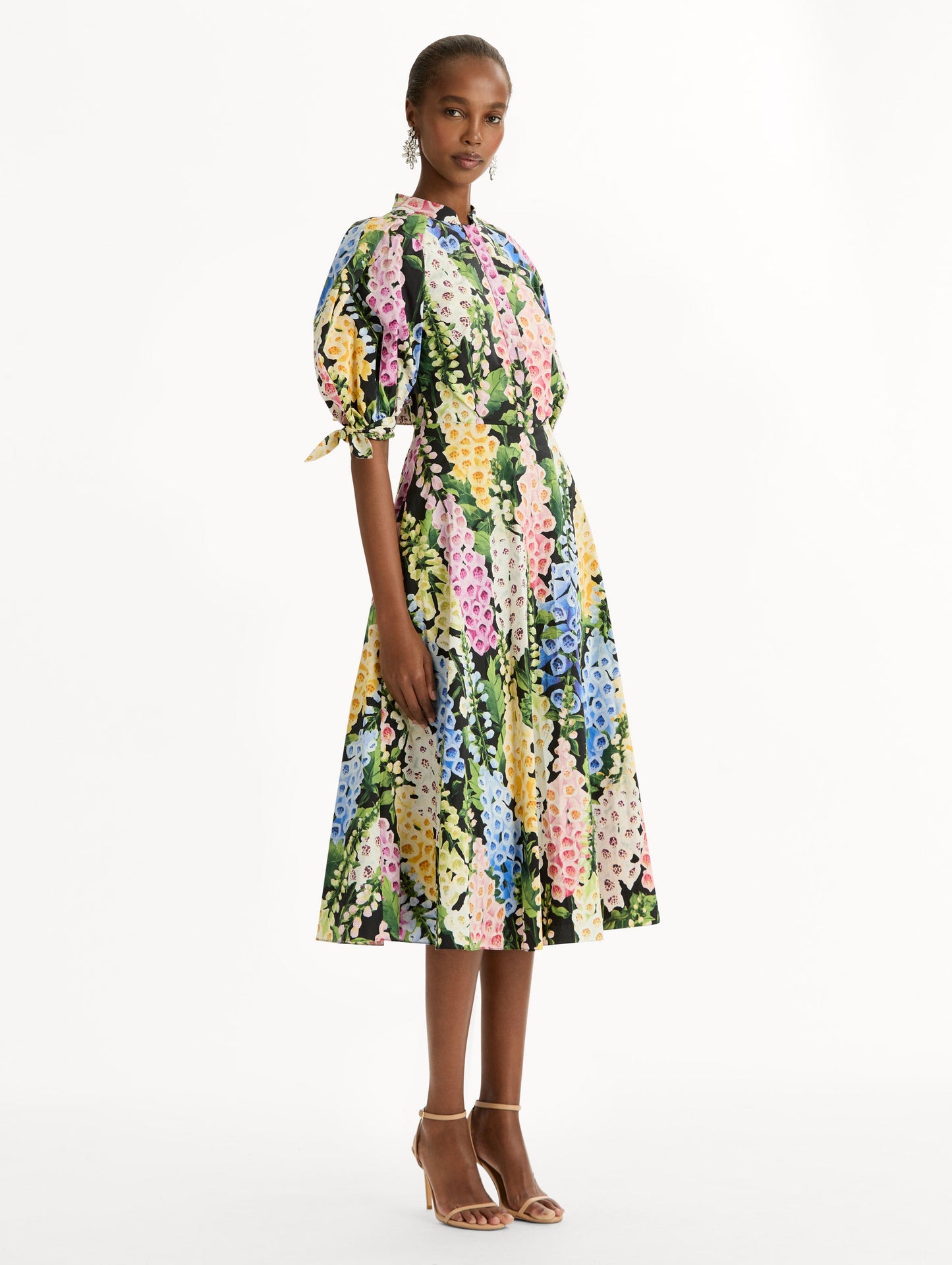 Foxglove Cotton Poplin Puff Sleeve Dress Black multi / Oscar de la Renta