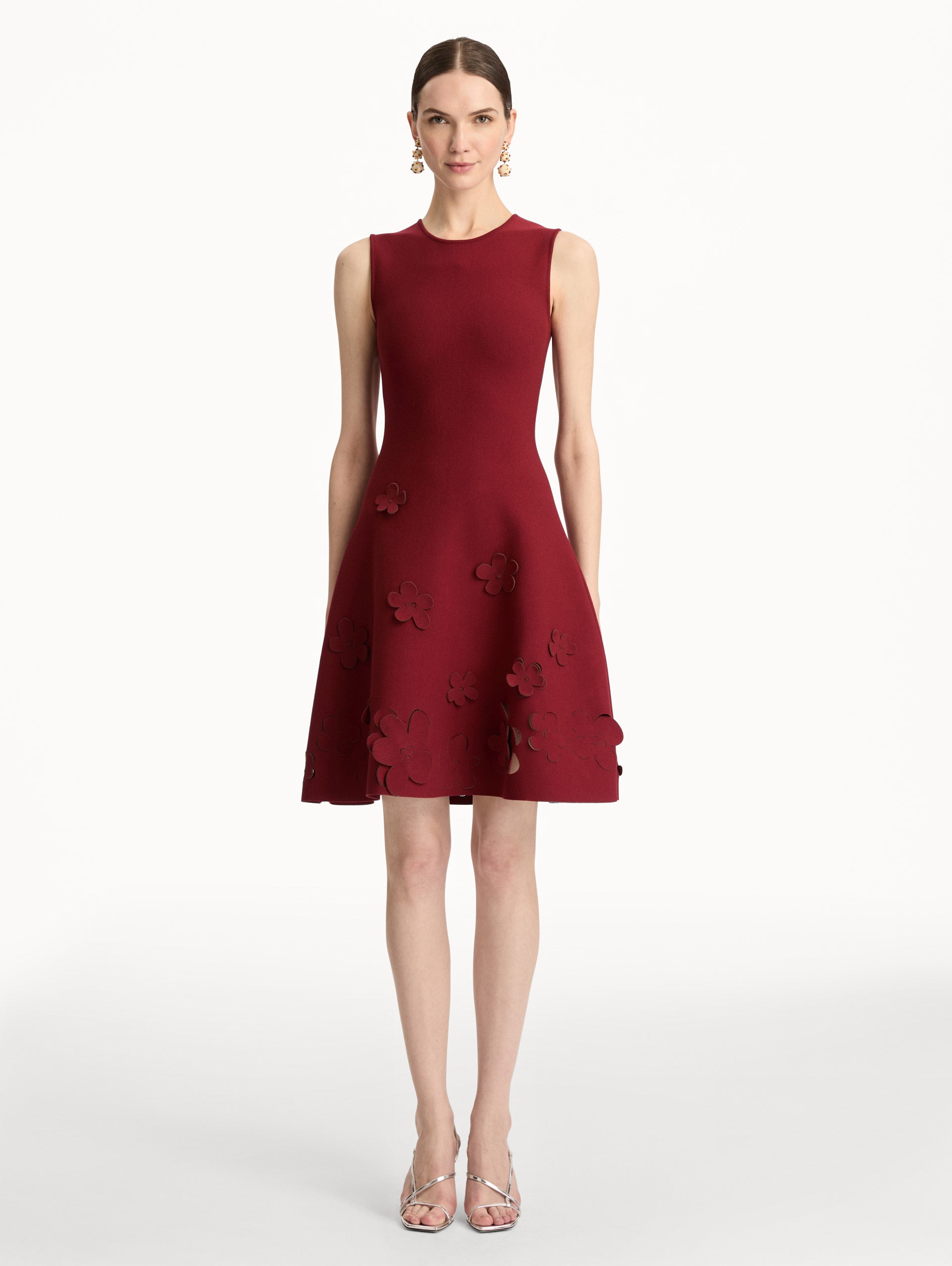 Laser-Cut Floral Knit Dress Wine / Oscar de la Renta