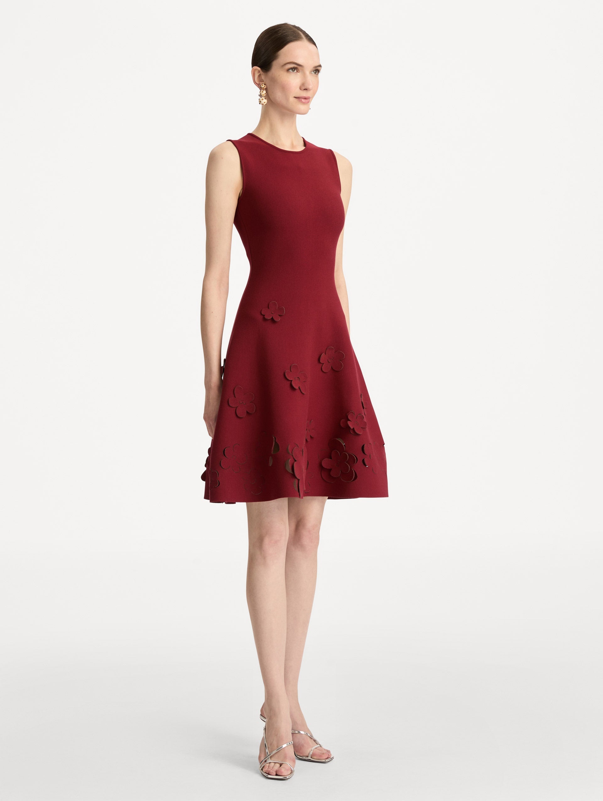 Laser-Cut Floral Knit Dress Wine / Oscar de la Renta