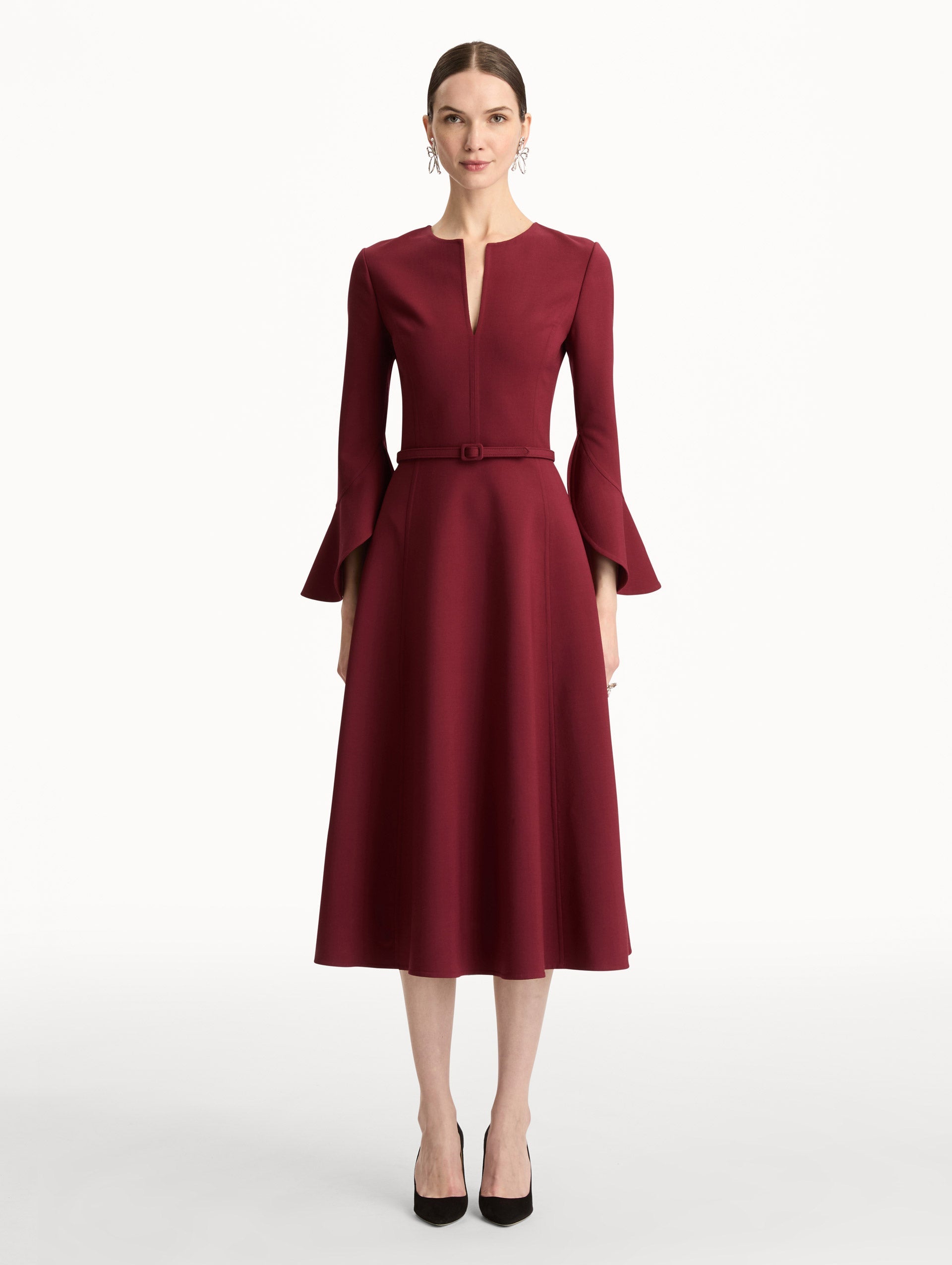 Split Neck Wool Dress Wine / Oscar de la Renta
