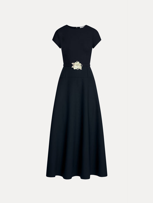 Floral Belt Short Sleeve Dress Navy / Oscar de la Renta