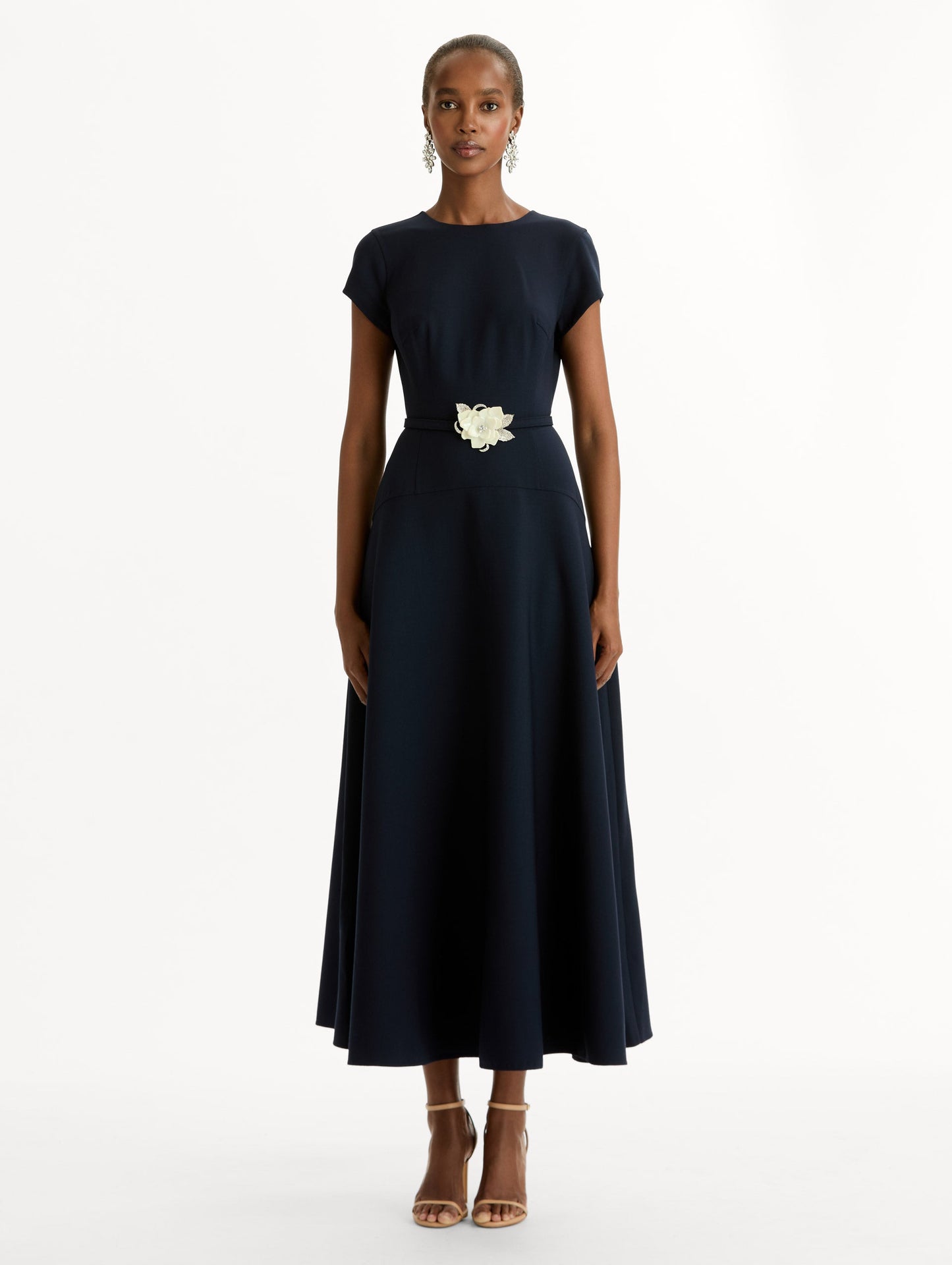 Floral Belt Short Sleeve Dress Navy / Oscar de la Renta