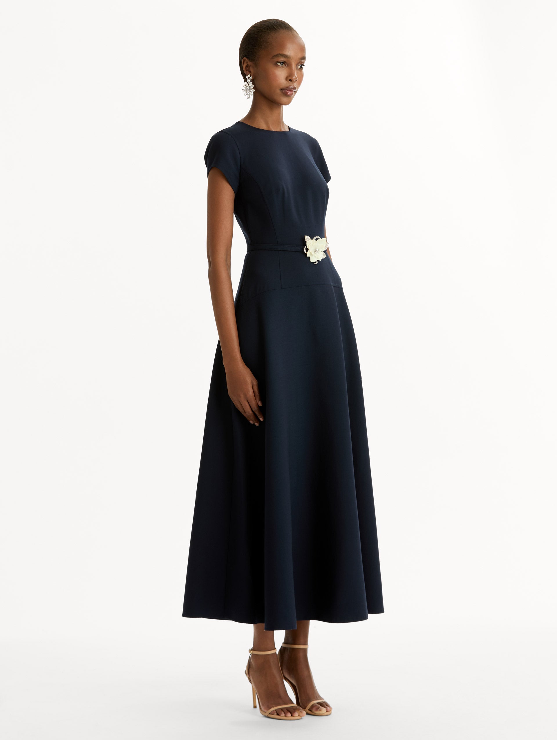 Floral Belt Short Sleeve Dress Navy / Oscar de la Renta