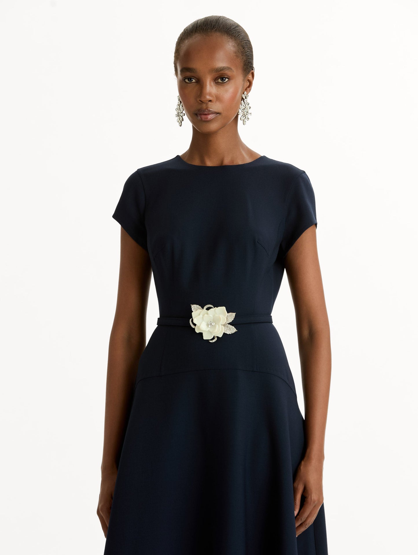 Floral Belt Short Sleeve Dress Navy / Oscar de la Renta