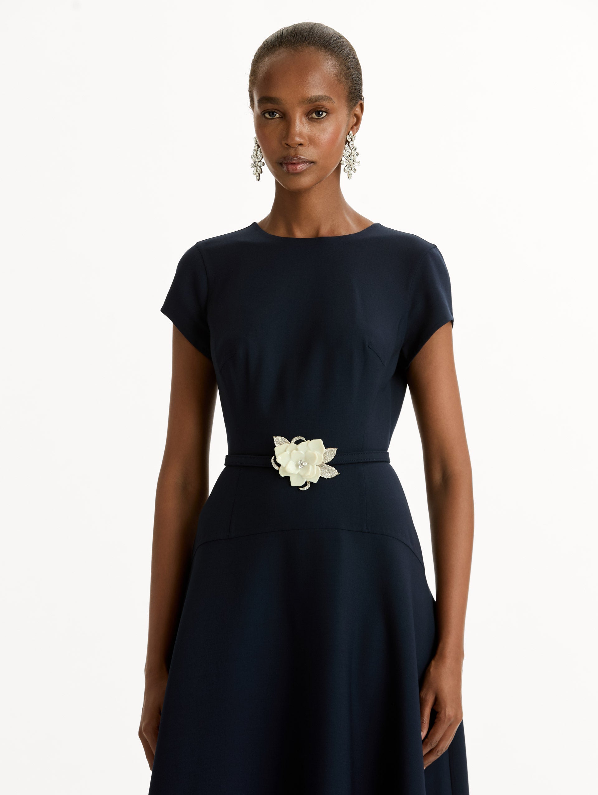 Floral Belt Short Sleeve Dress Navy / Oscar de la Renta