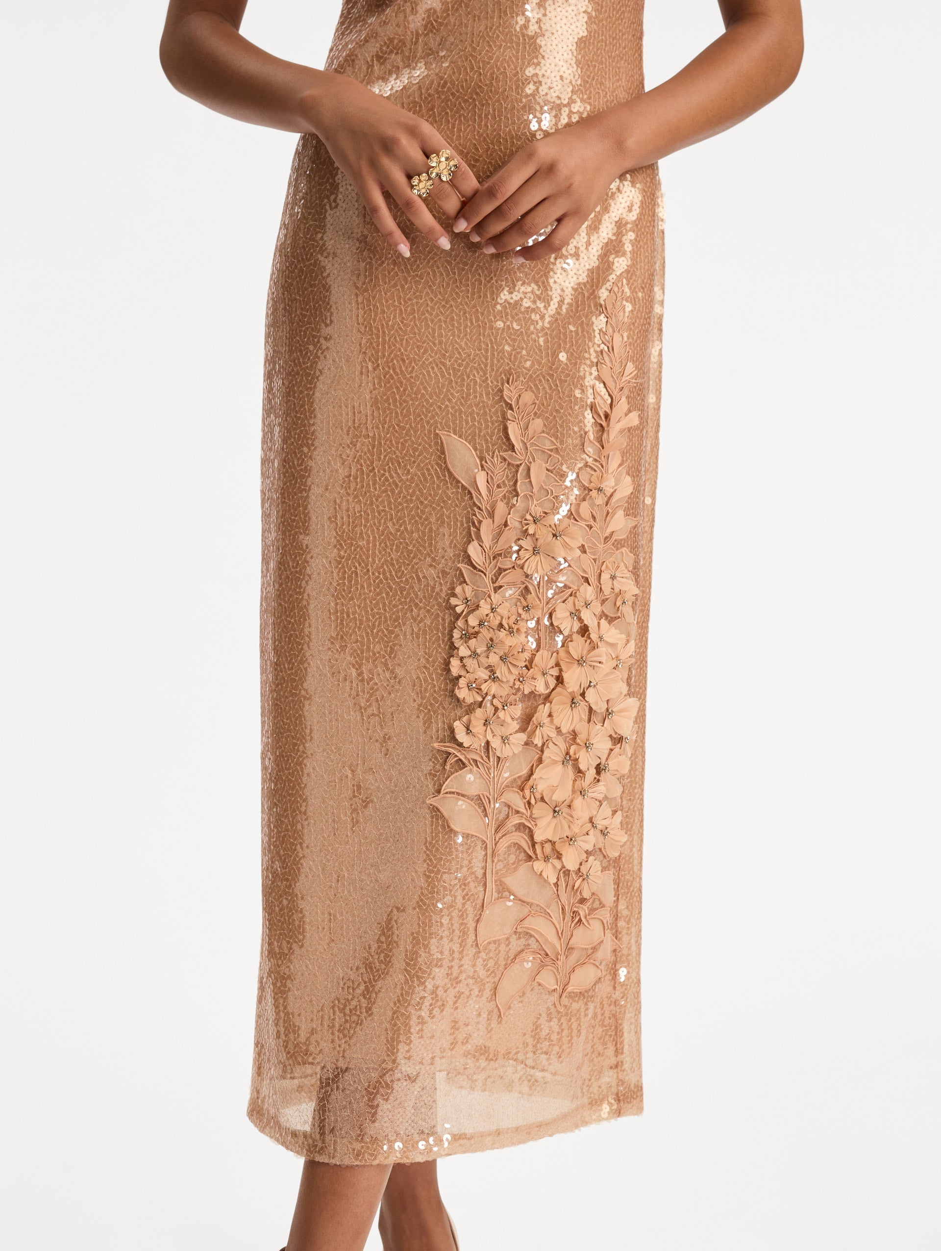 Foxglove Embroidered Sequin Tulle Dress Beige / Oscar de la Renta