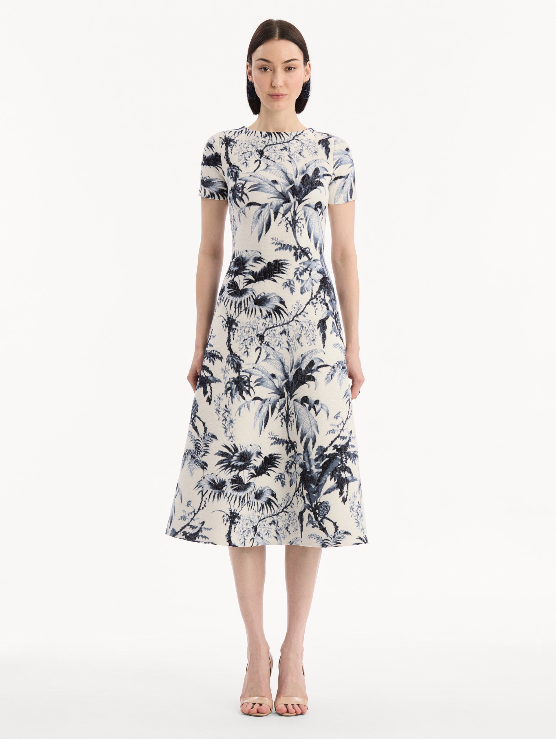 Chiné Palm Leaves Knit Dress Navy/ivory / Oscar de la Renta