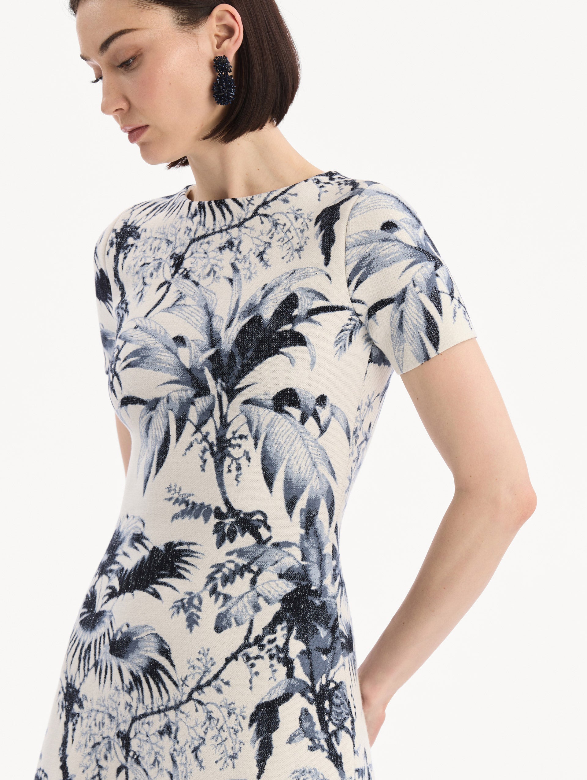 Chiné Palm Leaves Knit Dress Navy/ivory / Oscar de la Renta
